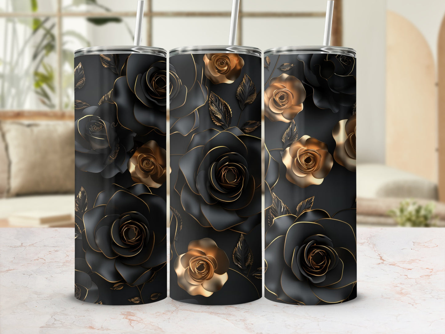 Black tumbler with dark red and gold roses, featuring a marble counter background.