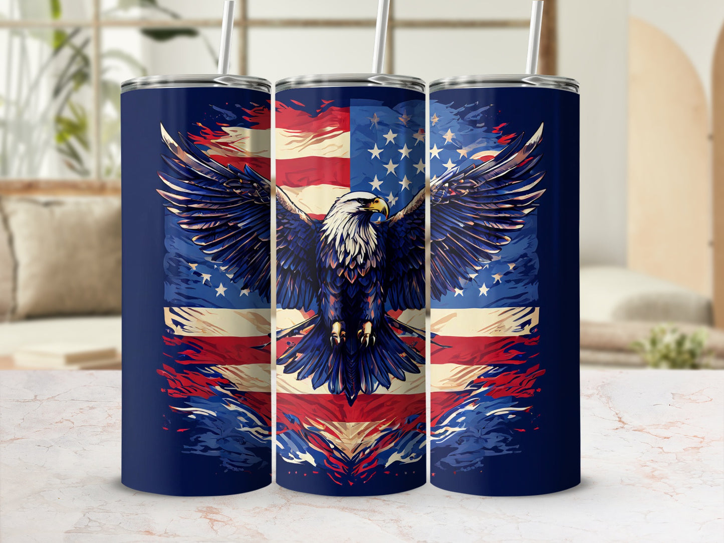 Eagle with spread wings against American flag on navy blue tumbler.