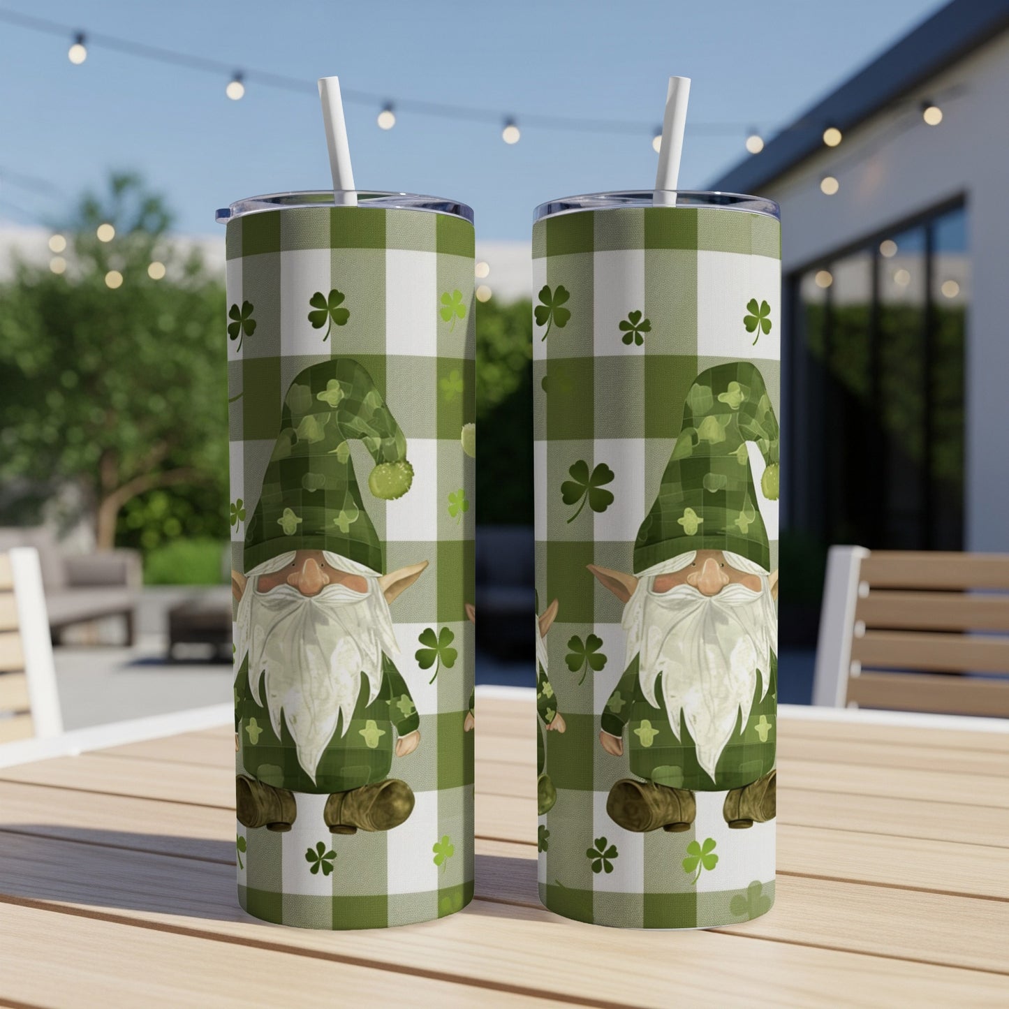 St. Patrick's Day gnome tumbler with shamrocks on green plaid background.