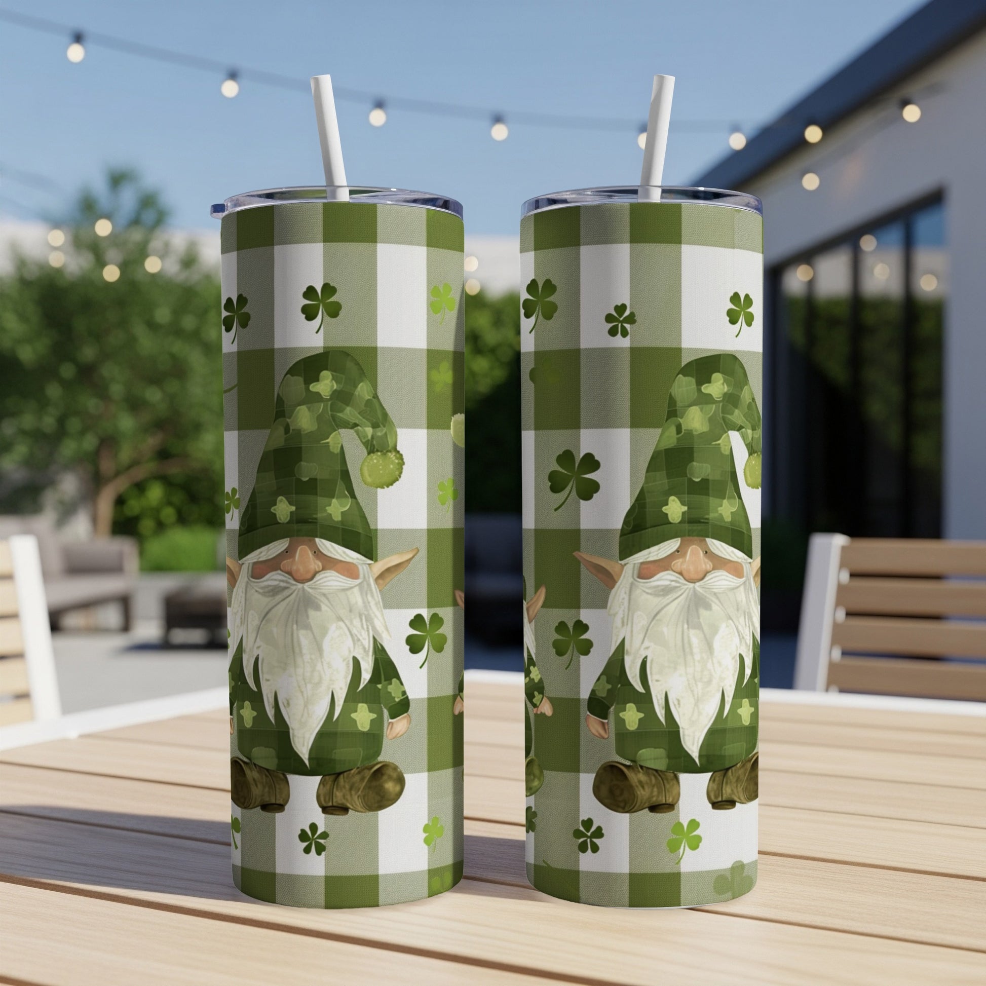 St. Patrick's Day gnome tumbler with shamrocks on green plaid background.