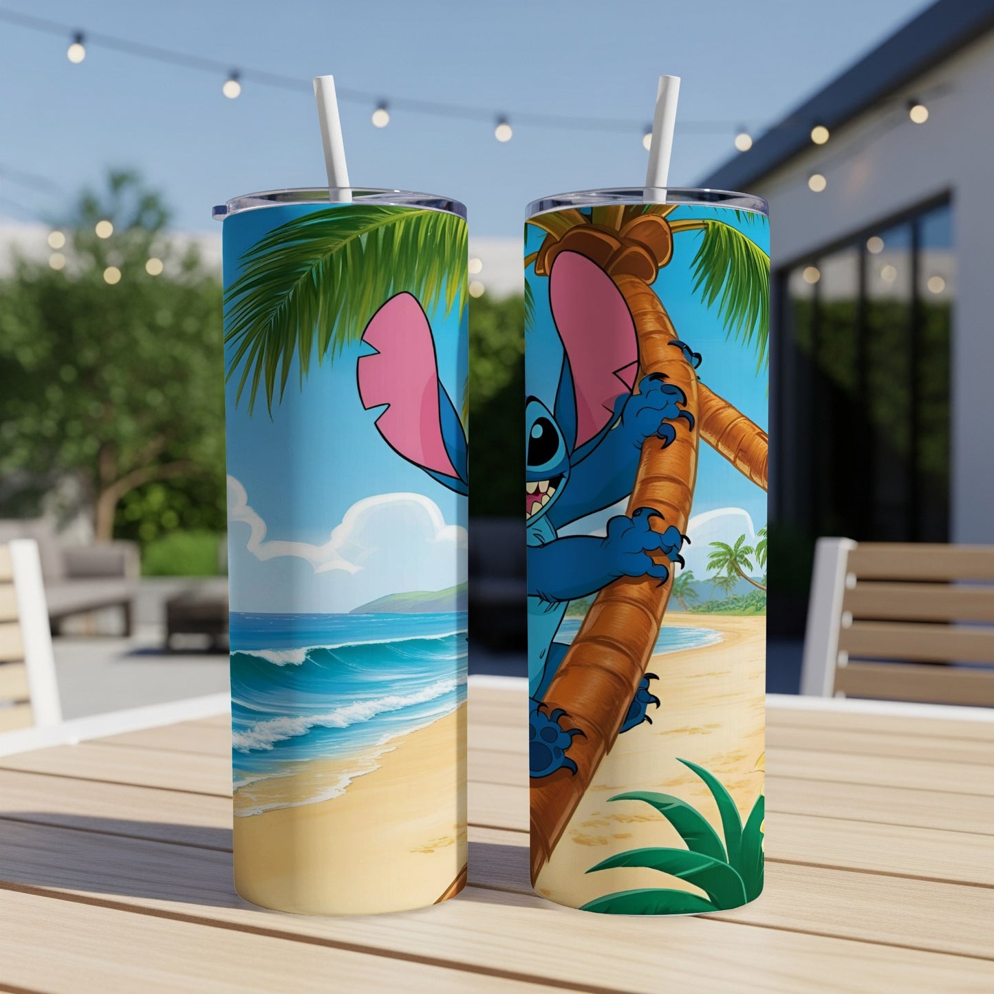 Stitch climbing a palm tree on a beach with ocean waves.