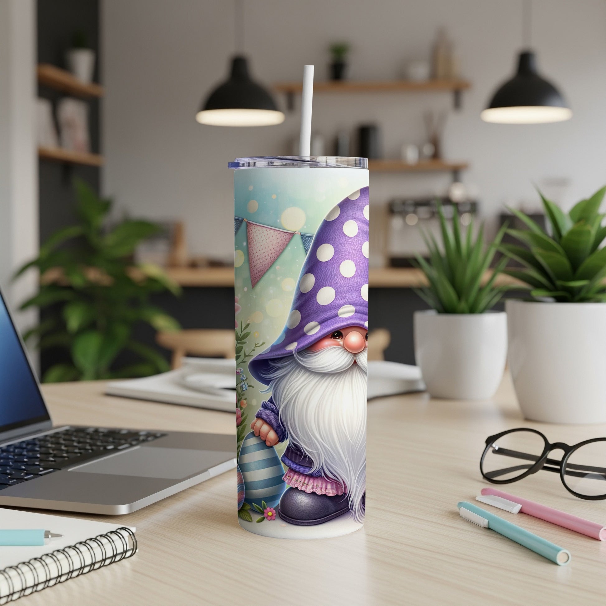 Easter gnome and egg design on a purple polka dot tumbler with a straw.