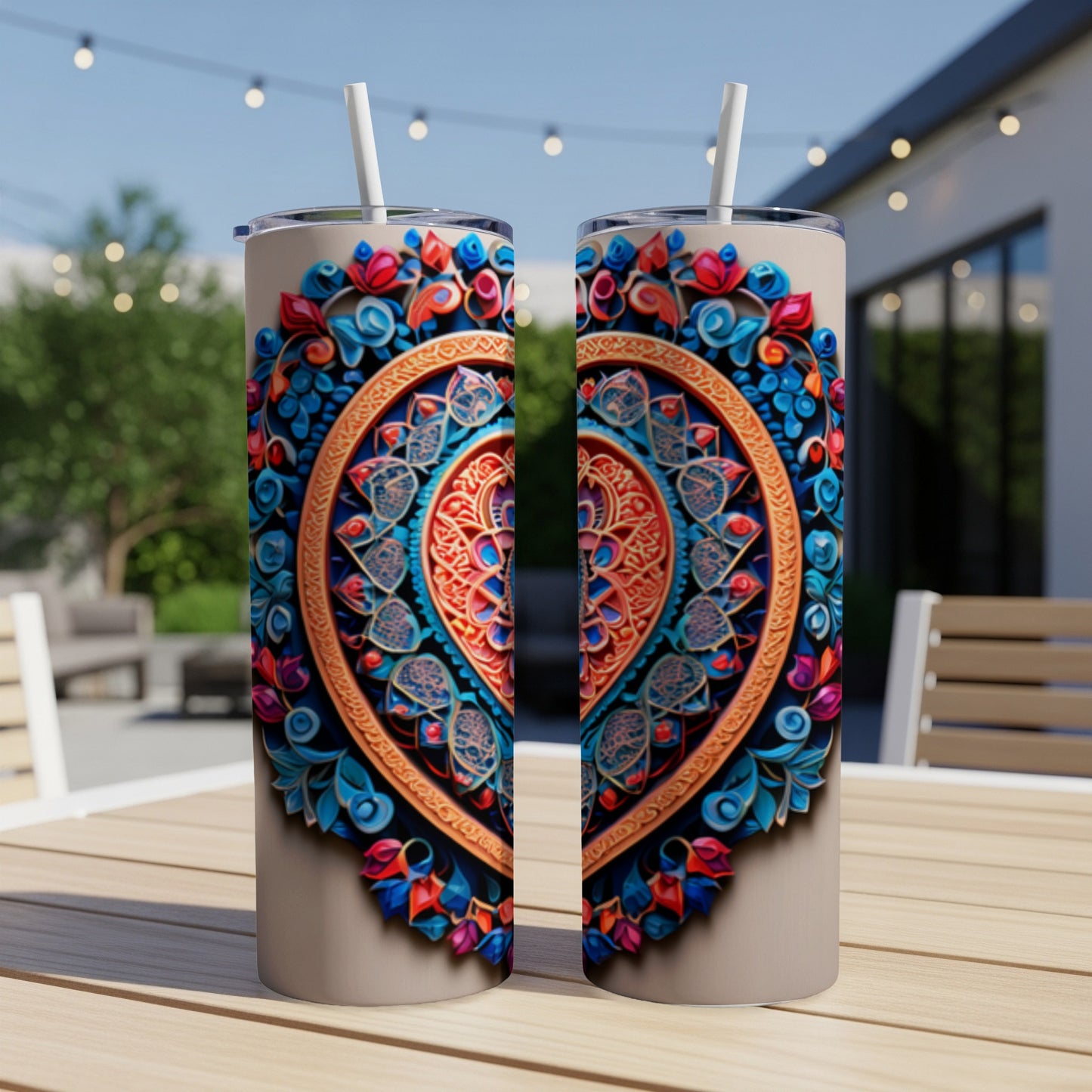Two tall, insulated tumblers with ornate, colorful heart mandala designs.