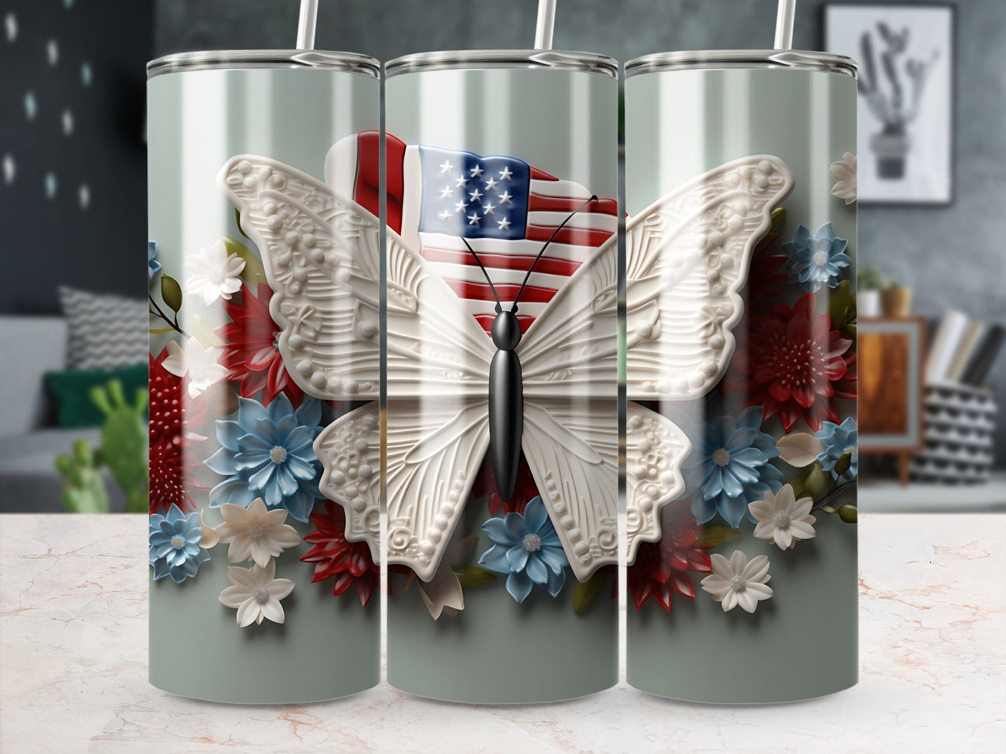 Butterfly with American flag, surrounded by flowers, on a tumbler.