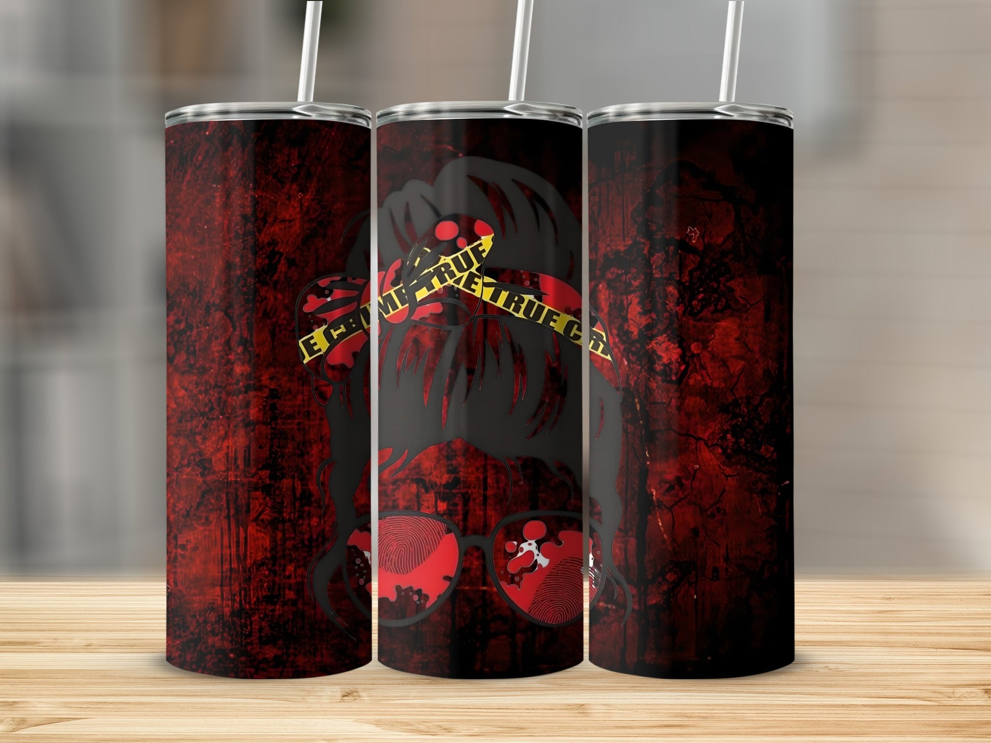 True Crime Grunge Style Tumbler with Red and Black Design