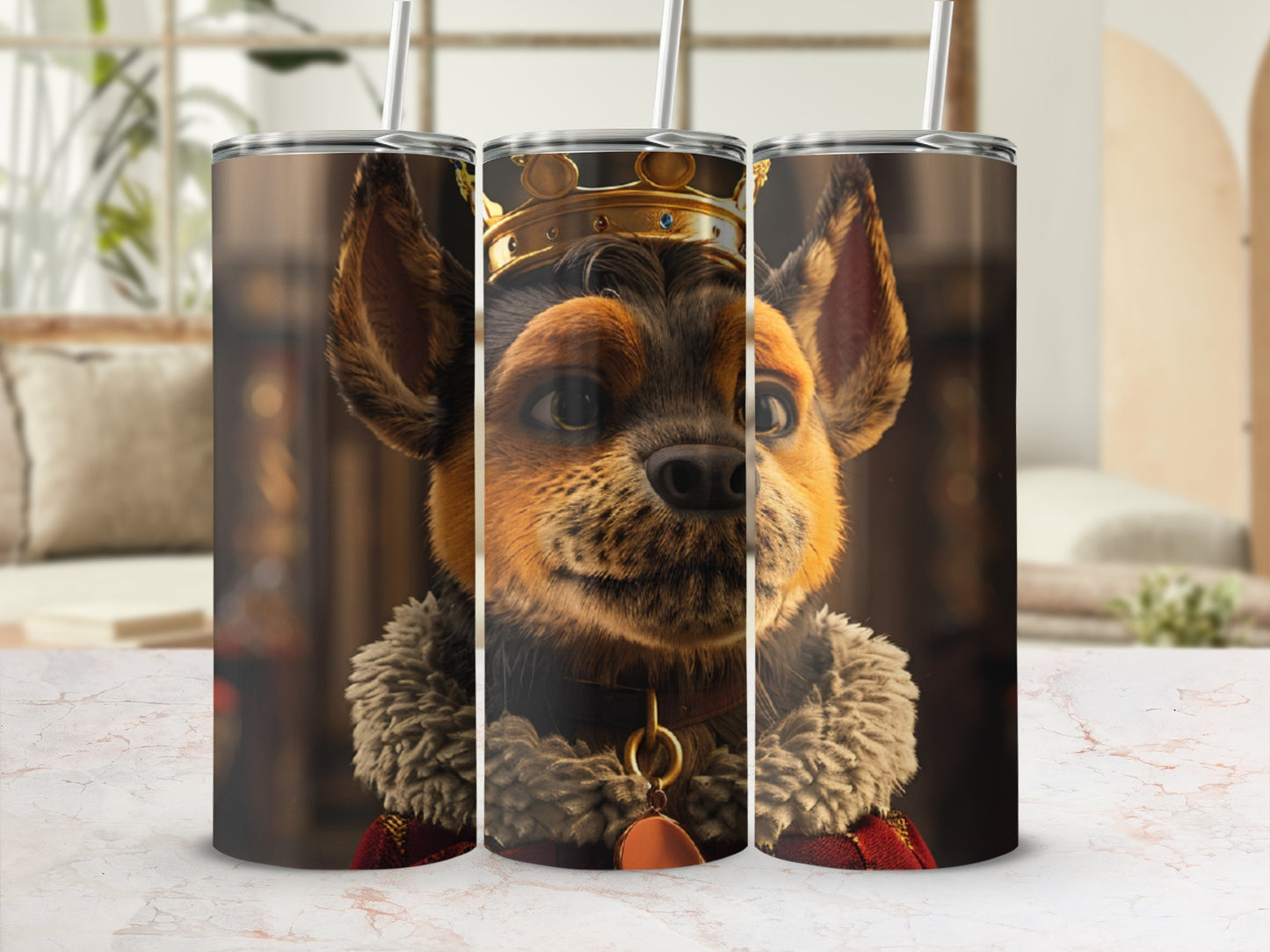 Animated dog character wearing a crown and fur-lined cape, with a gold charm.