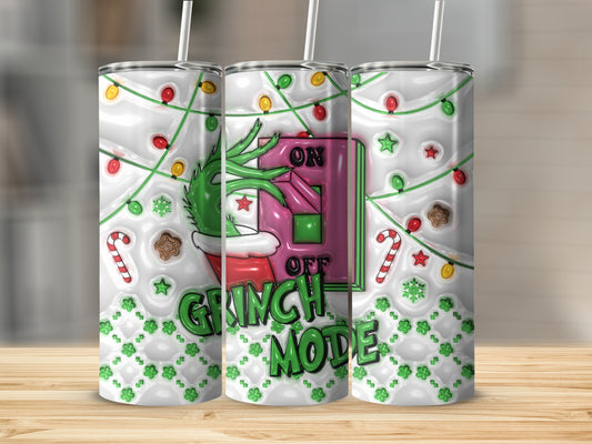 Grinch Mode Holiday Tumbler with Festive Decorations