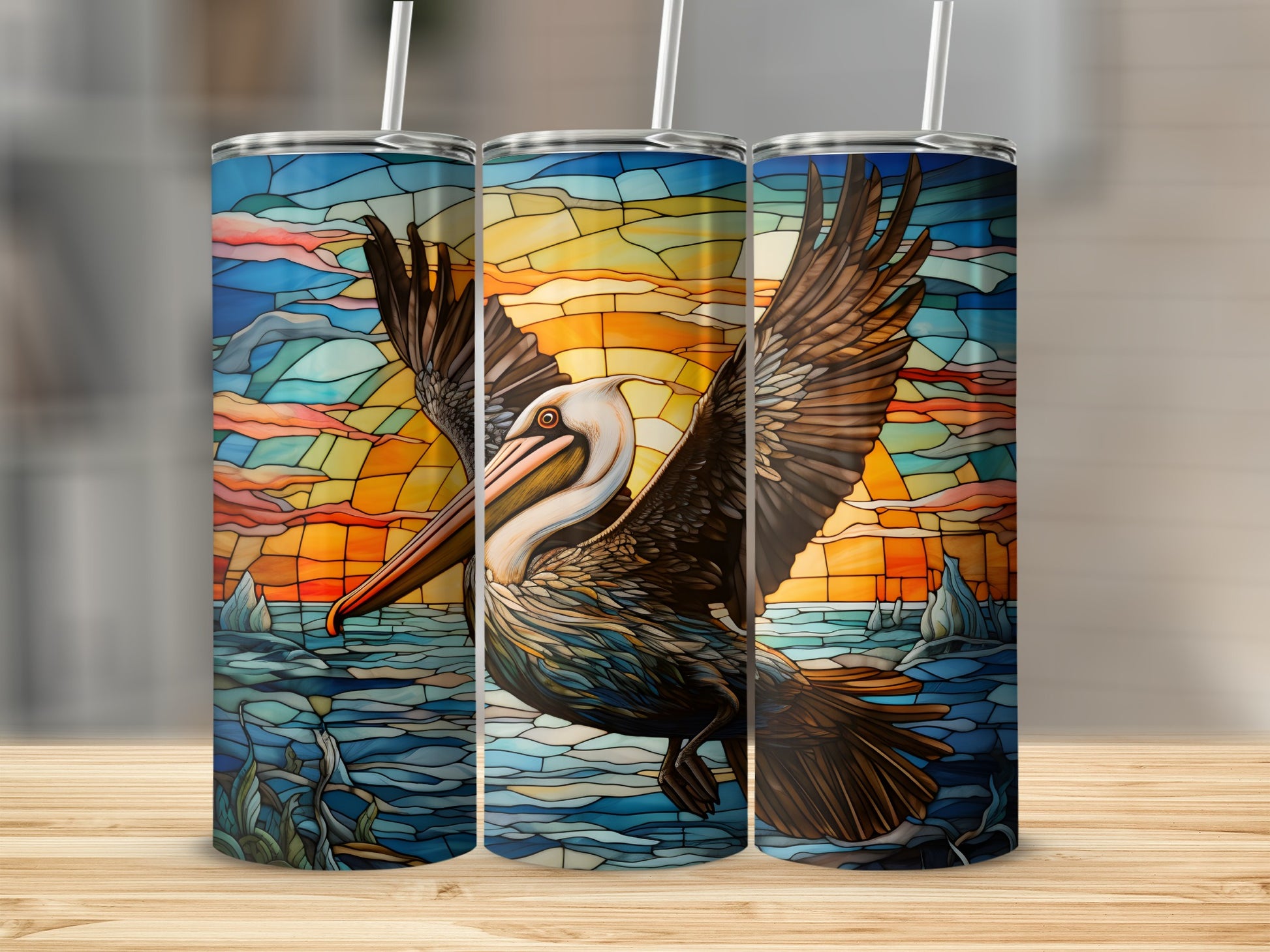 Pelican in flight over ocean with stained glass sunset background.