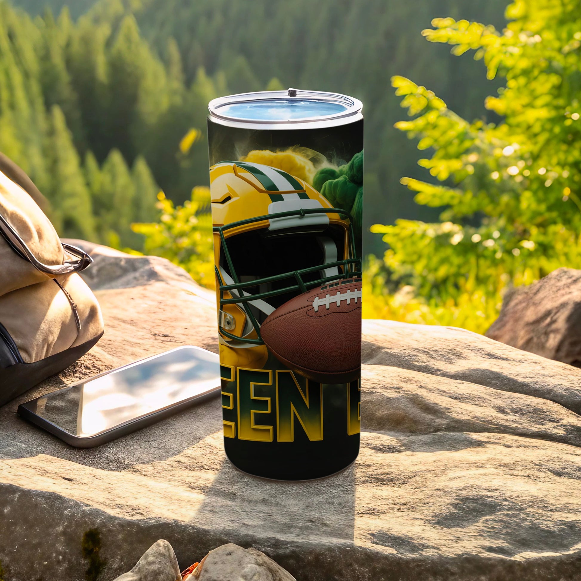 Green Bay Packers helmet and football design on a tumbler.