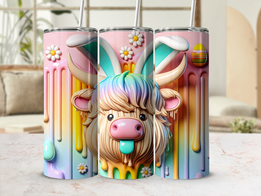 Pink tumbler with Highland cow and pastel Easter egg details.