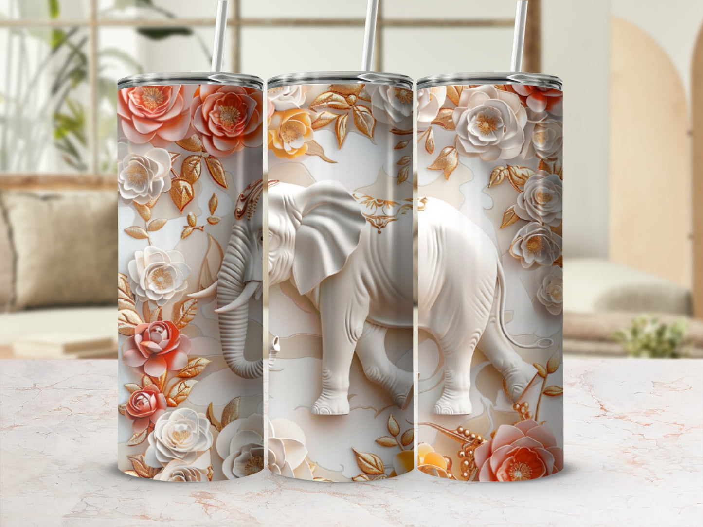 White elephant relief on a floral background with straws.