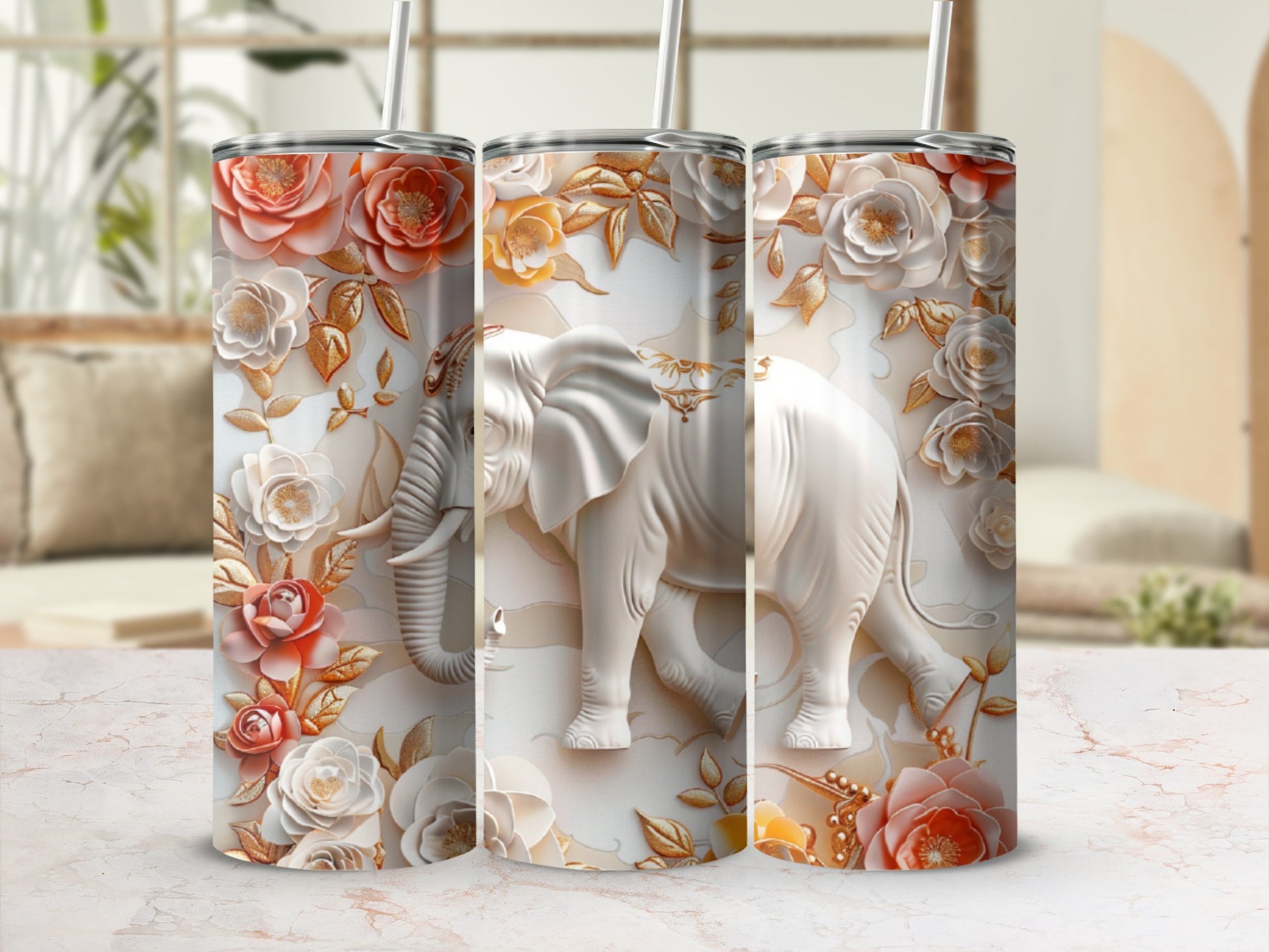 White elephant relief on a floral background with straws.