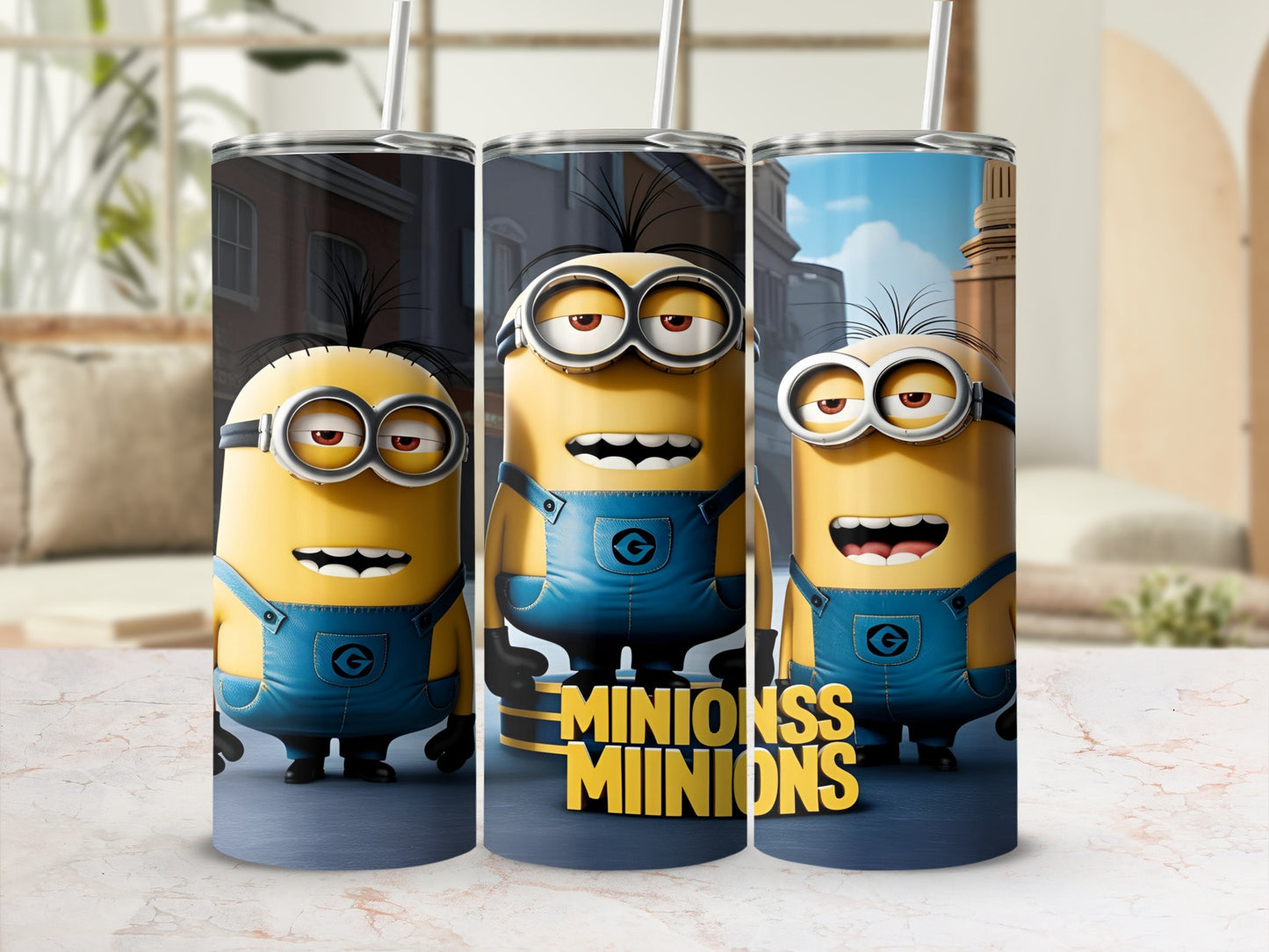 Three Minions characters in blue overalls with "MINIONS MINIONS" text.