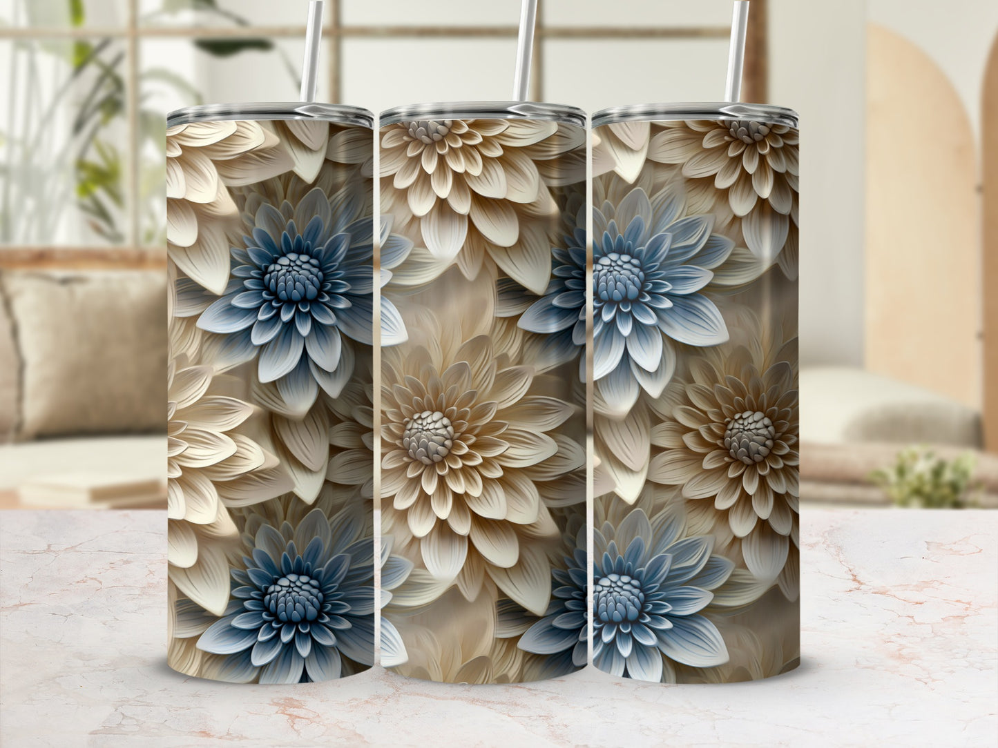 Elegant Blue and Beige Floral Tumblers for Home and Travel