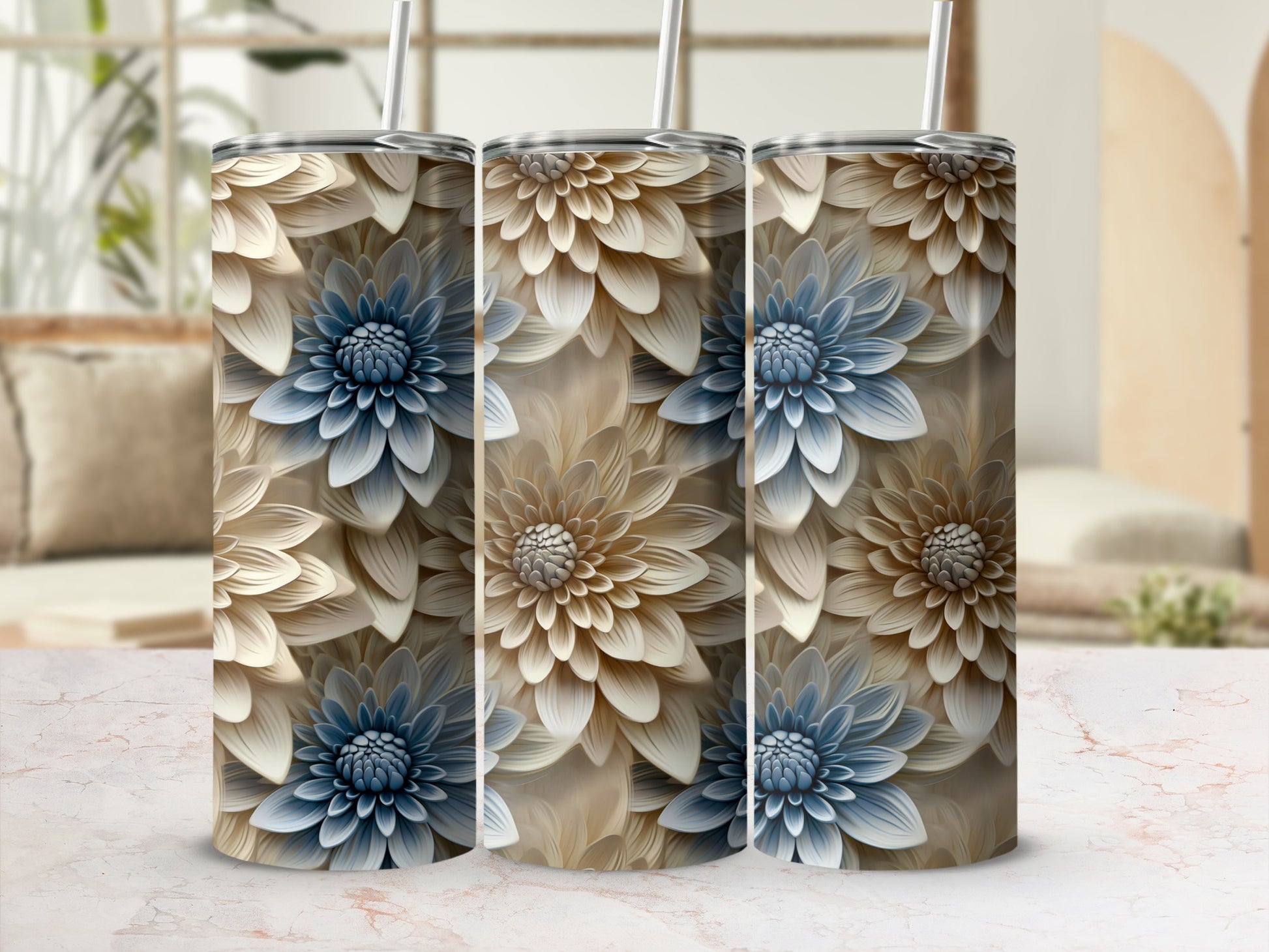 Elegant Blue and Beige Floral Tumblers for Home and Travel