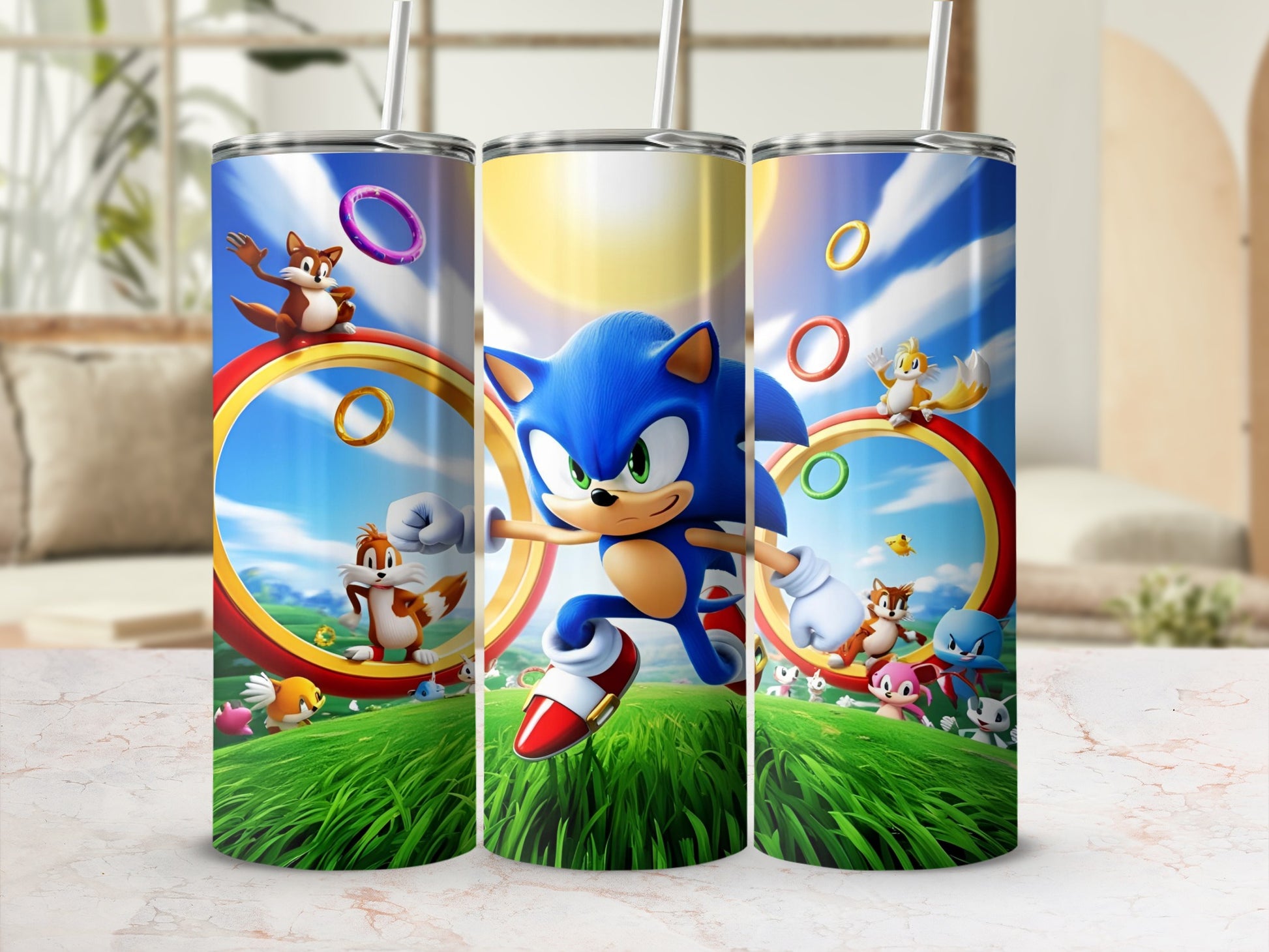 Sonic the Hedgehog running through a field of green with rings.