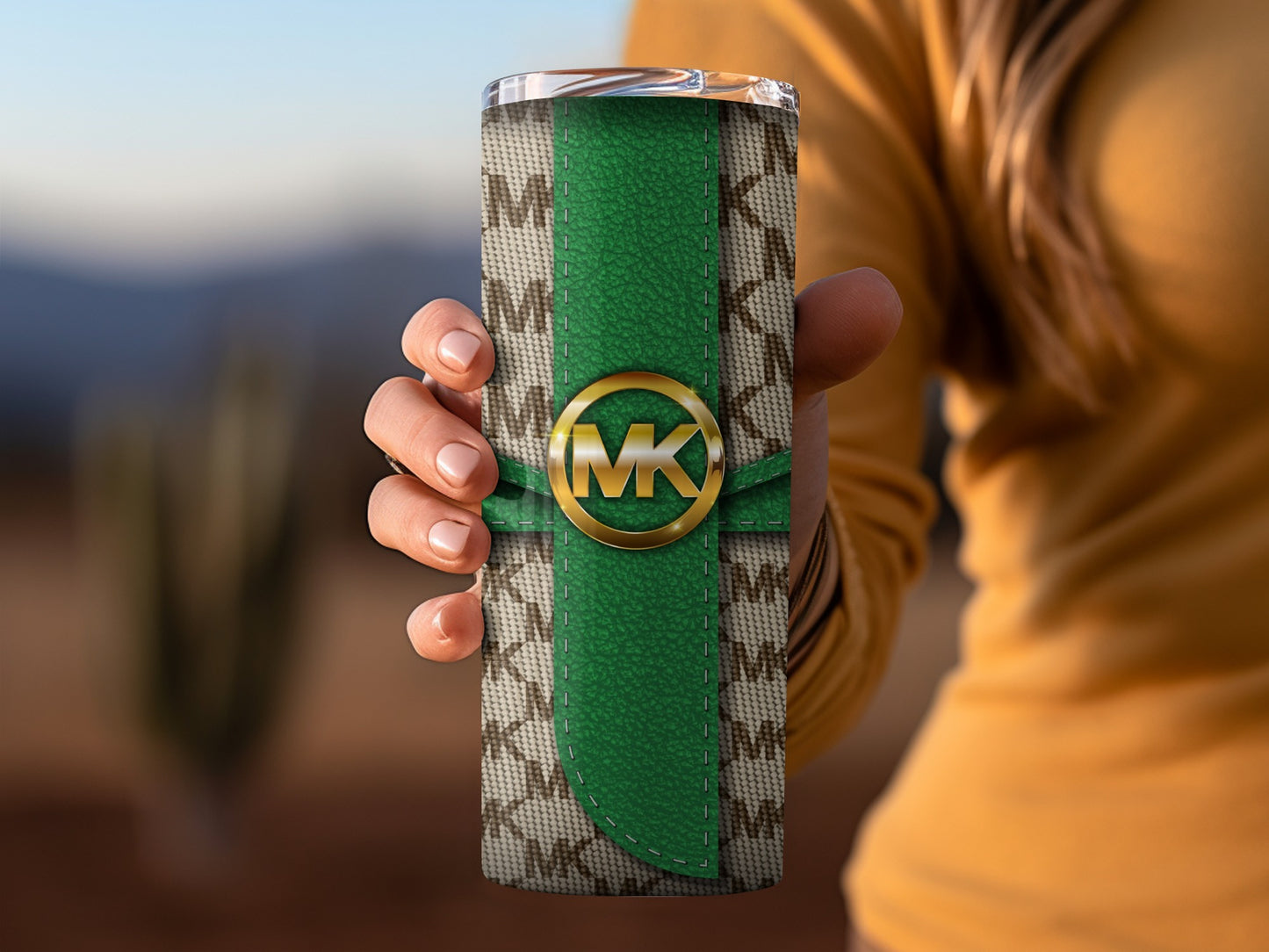 Stylish Green and Beige Patterned Thermal Tumbler