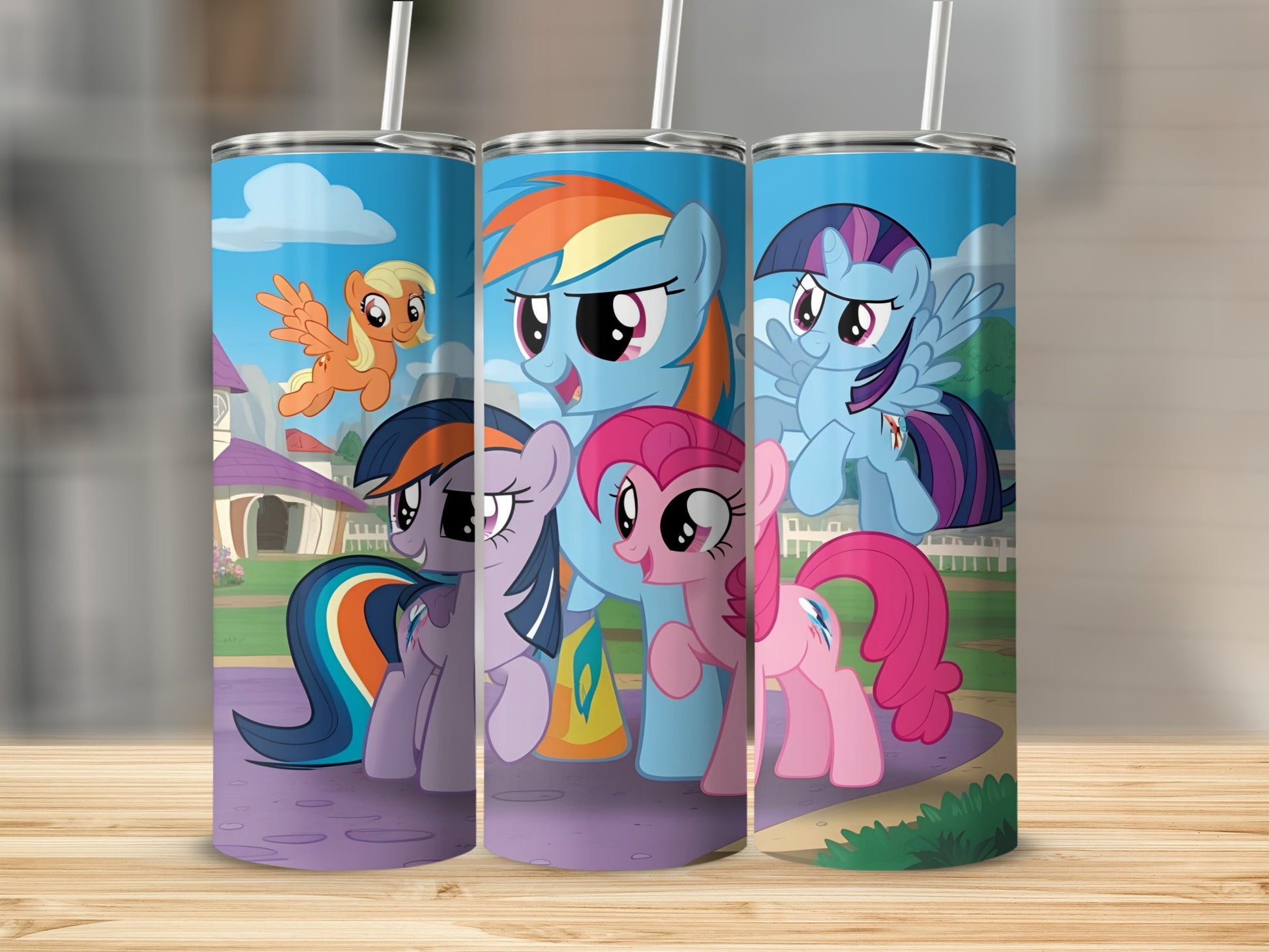 My Little Pony characters Rainbow Dash, Twilight Sparkle, and Pinkie Pie on a tumbler.