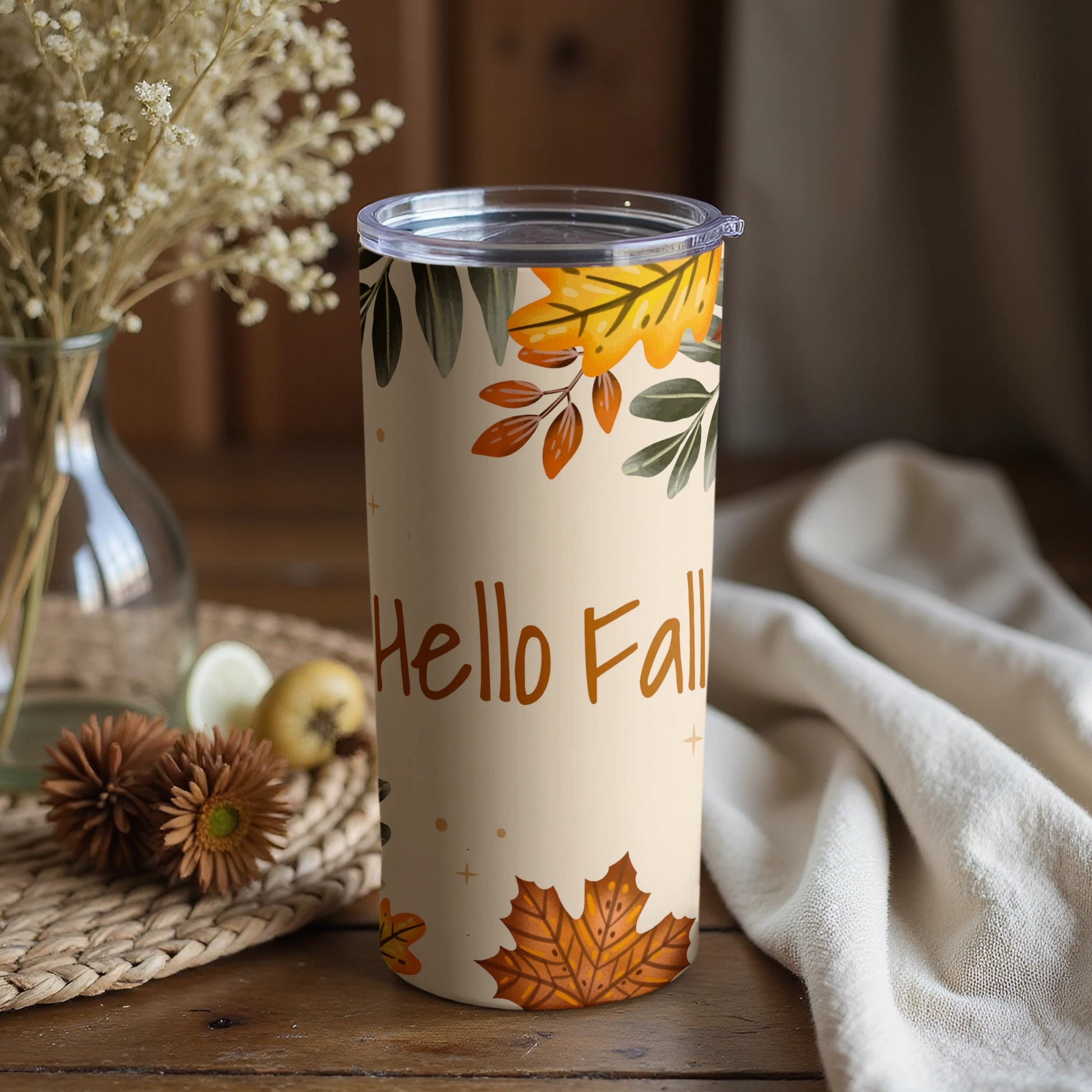 Hello Fall Autumn Leaves Insulated Tumbler Cup