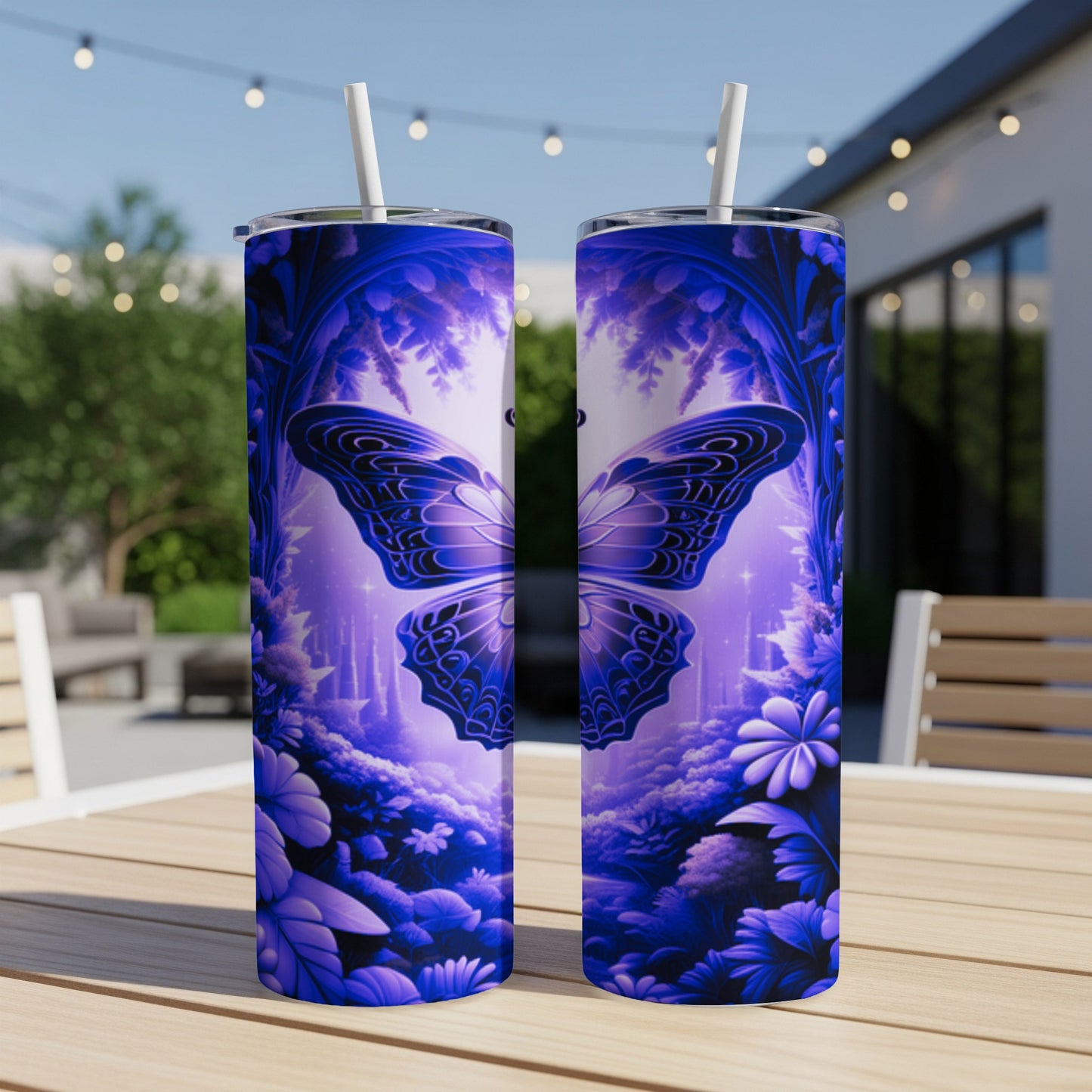 Two purple tumblers with a glowing butterfly and floral design.