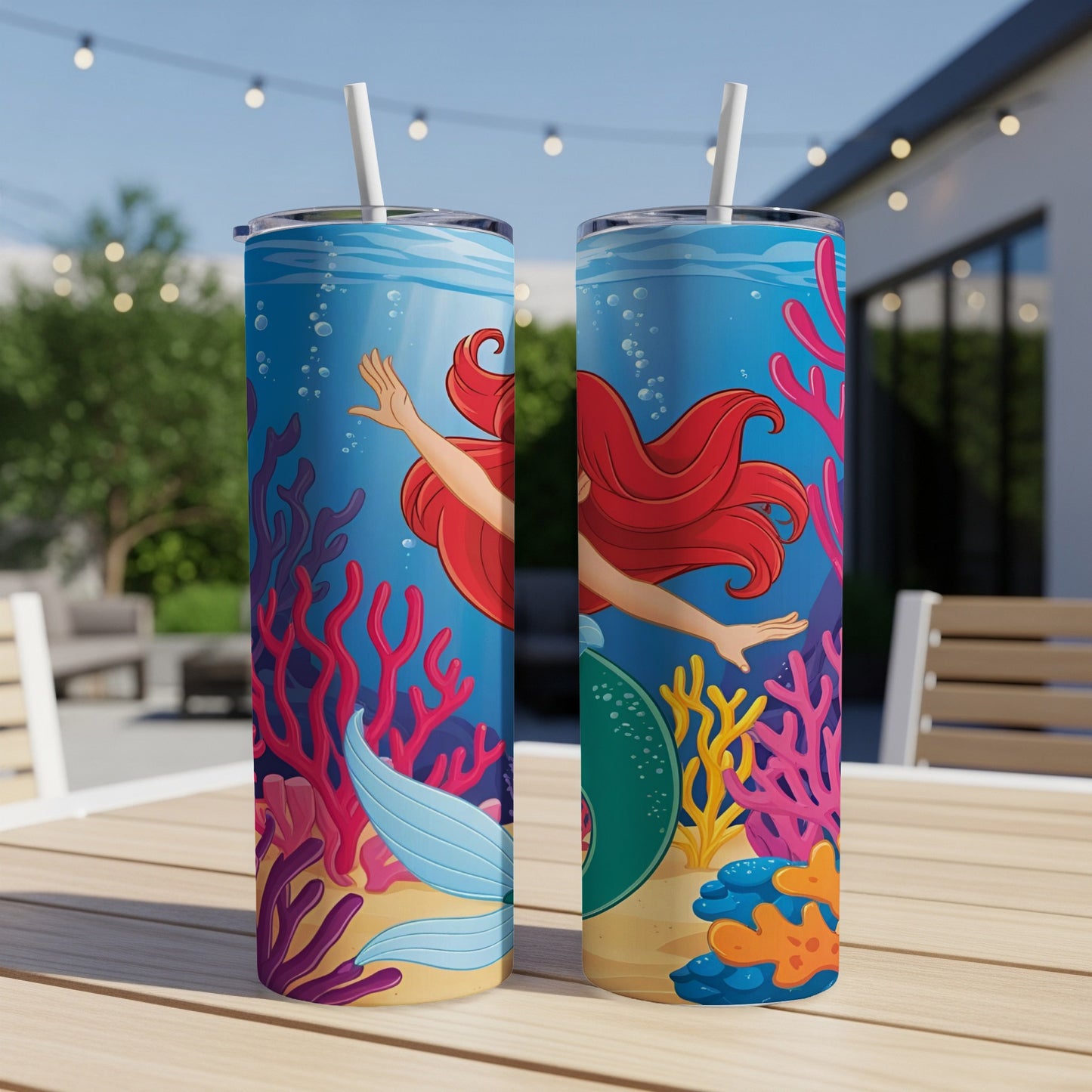 Two tumblers featuring Ariel from The Little Mermaid swimming among coral and bubbles.