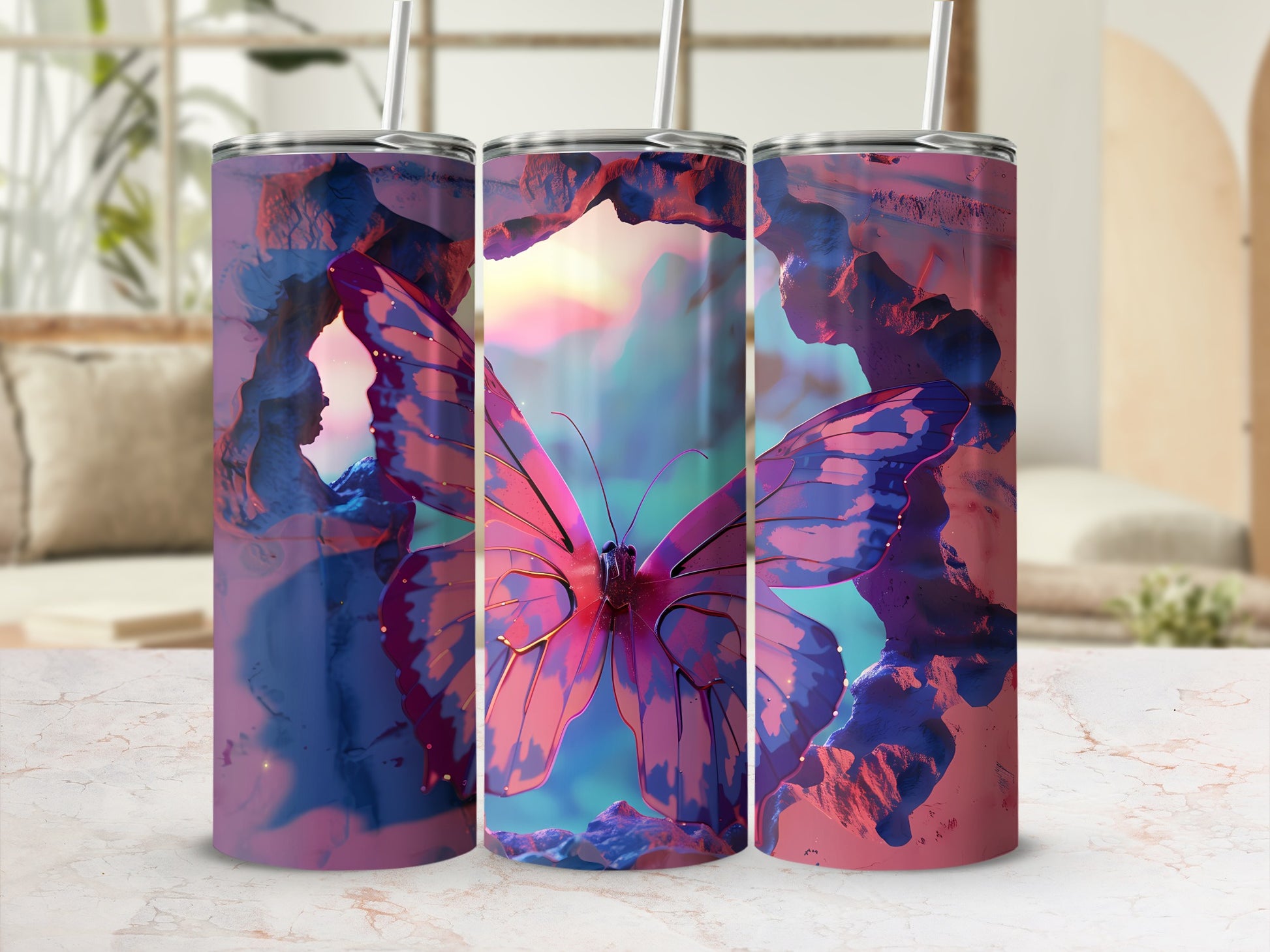 Three tumblers featuring a pink and purple butterfly in a rocky landscape.