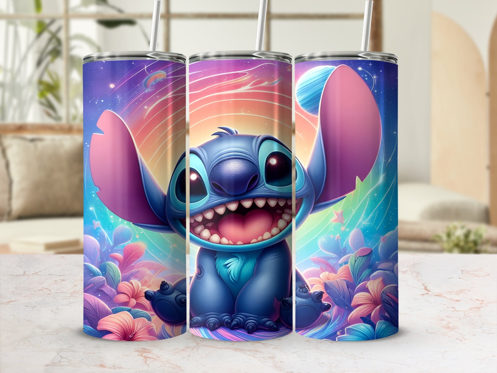 Blue alien character with large ears and mouth open, on a colorful background.