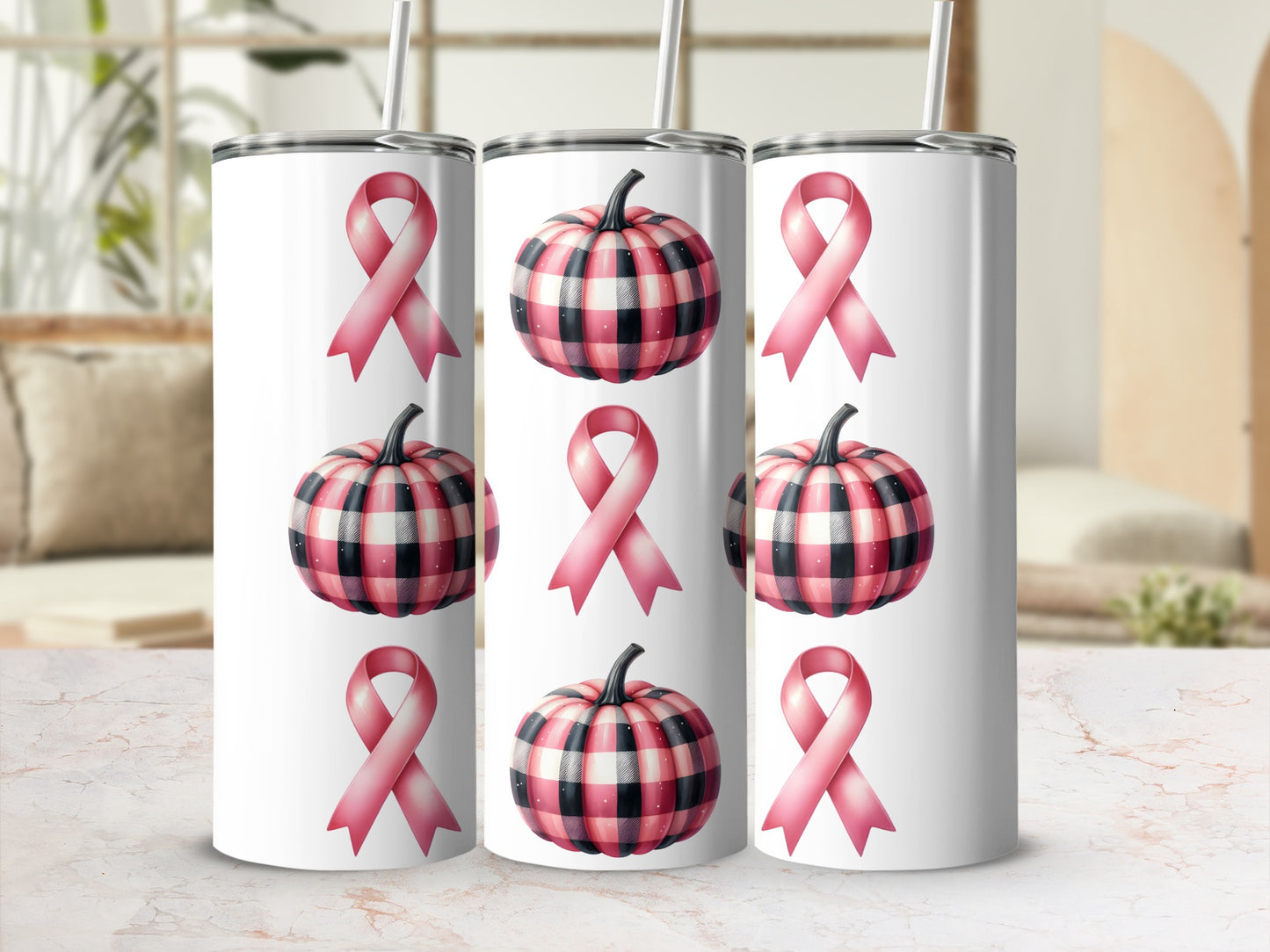 Three white tumblers with plaid ribbon design and pink ribbons.