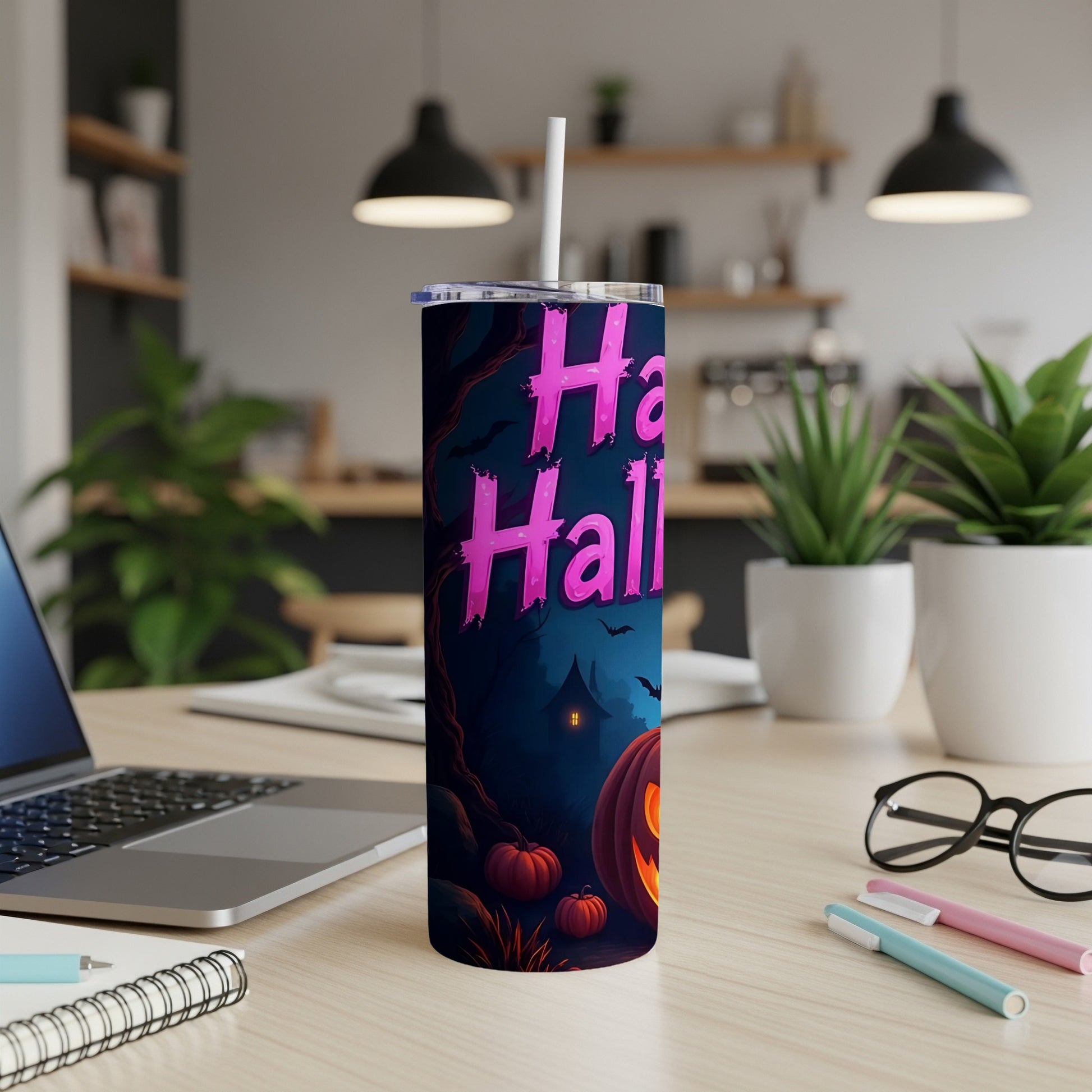 Tumbler with a spooky Halloween design featuring pumpkins, bats, and "Happy Halloween" text.