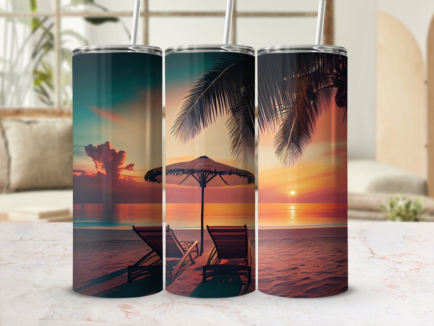 Beach Sunset Tumbler with Straw for Tropical Vibes