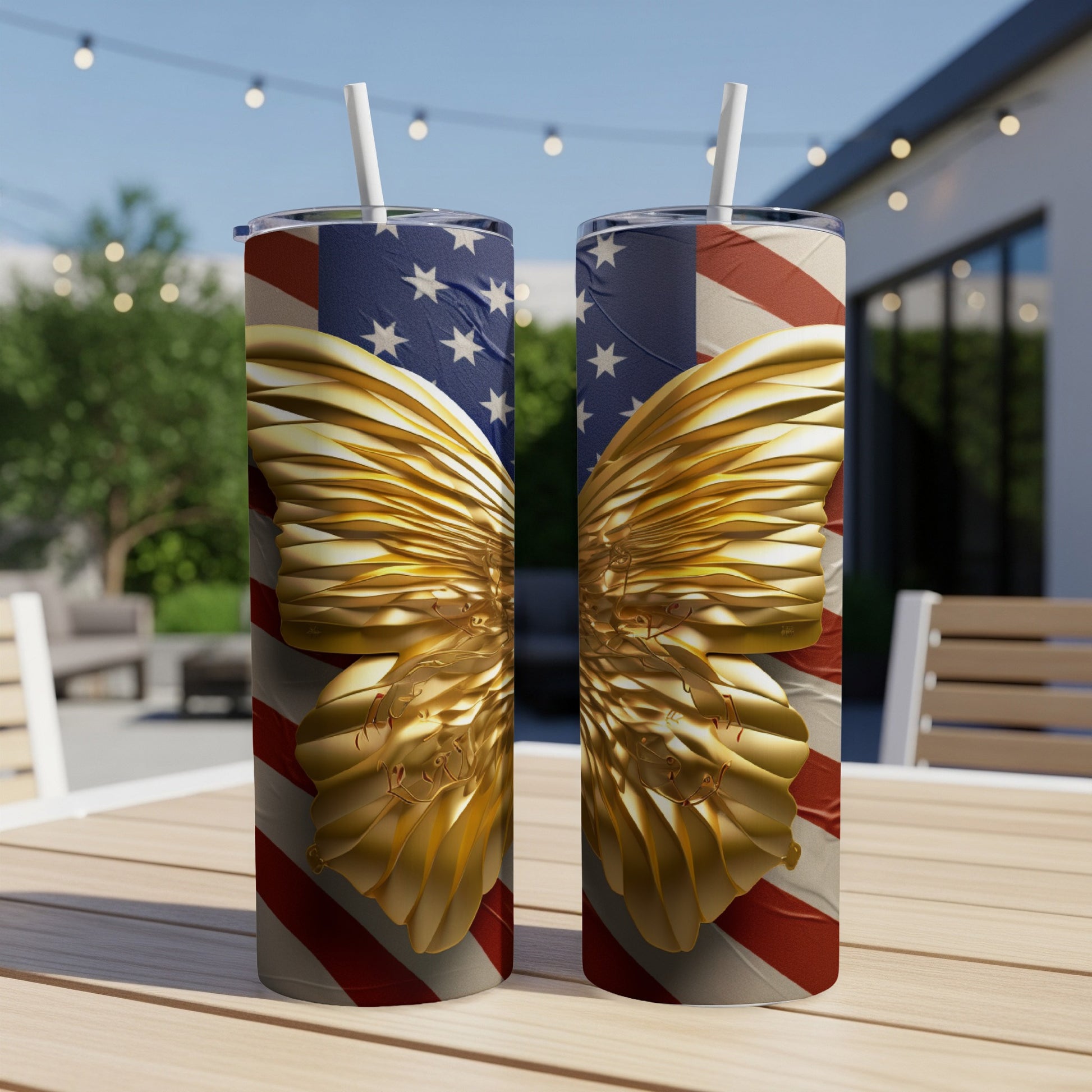 Two tumblers with American flag pattern and golden eagle wings.