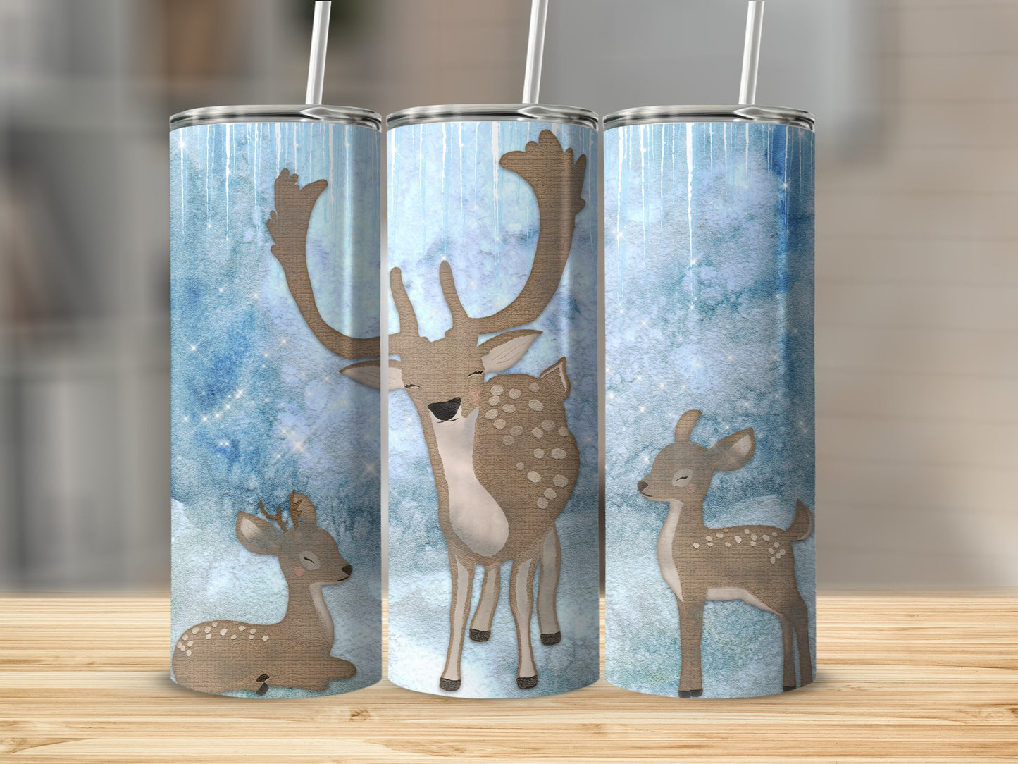 Three deer on a blue, snowy background with white speckles.