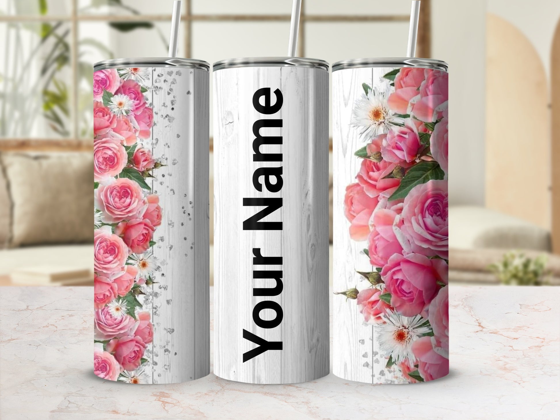 Personalized Floral Design Tumbler with Custom Name