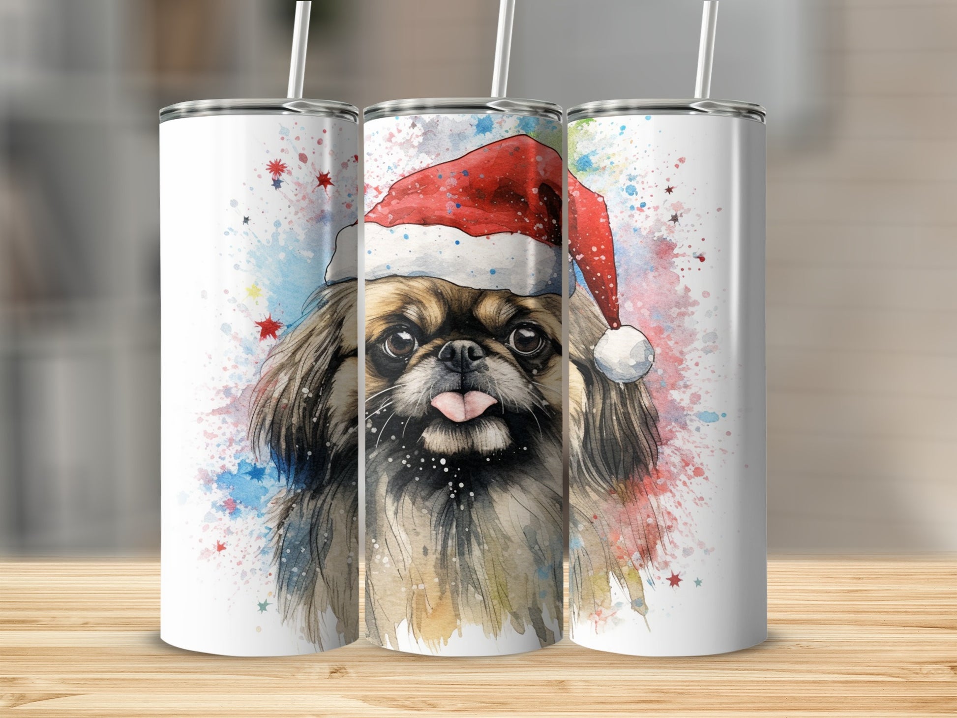 Pekingese dog wearing a Santa hat with tongue out, watercolor splashes.