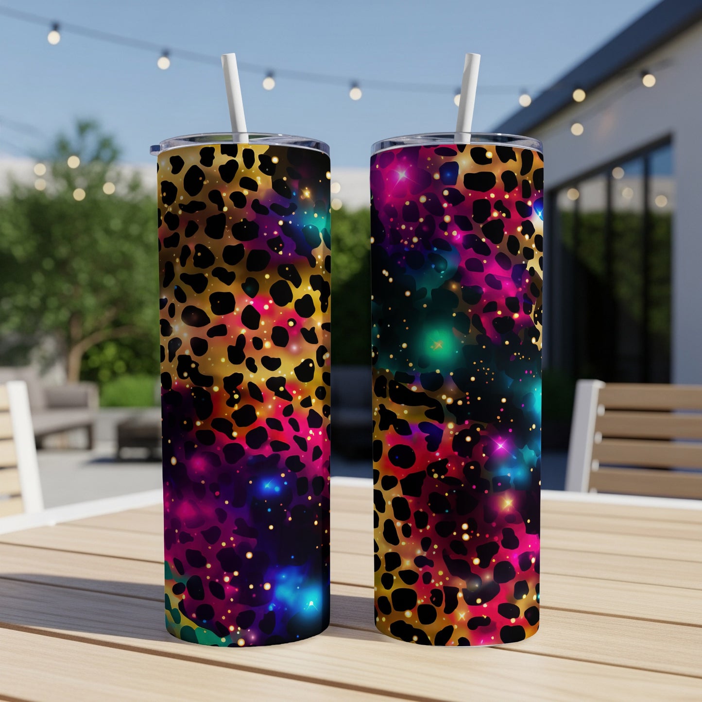Two tumblers with leopard print and colorful galaxy design.