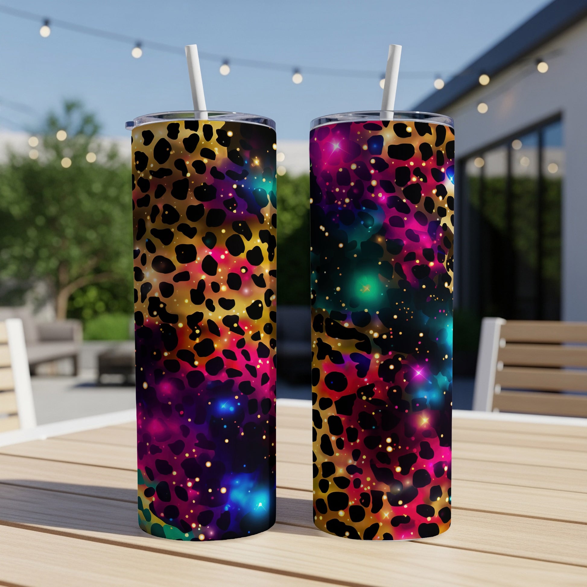 Two tumblers with leopard print and colorful galaxy design.