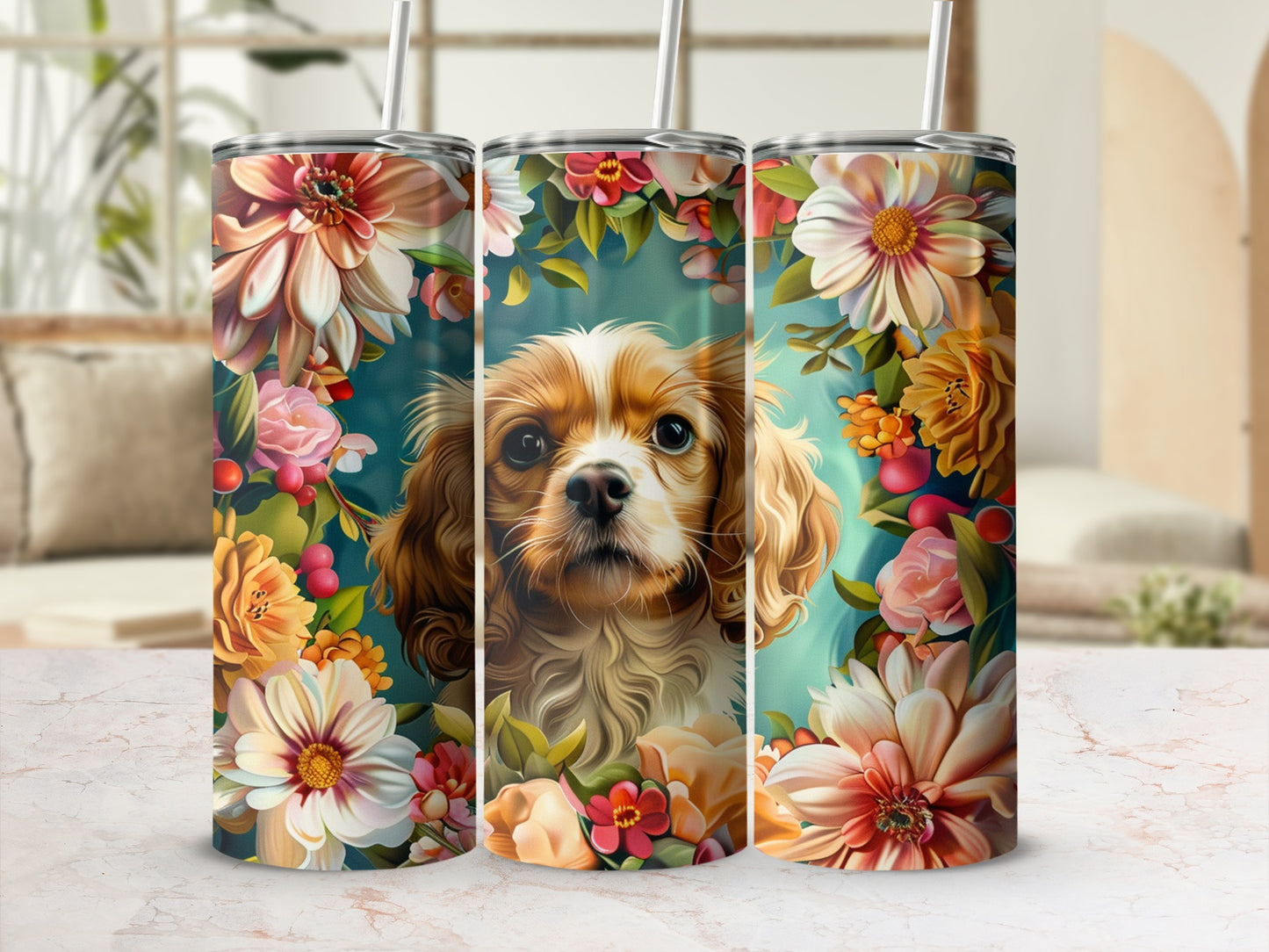 Dog portrait surrounded by floral watercolor art on a patterned tumbler.