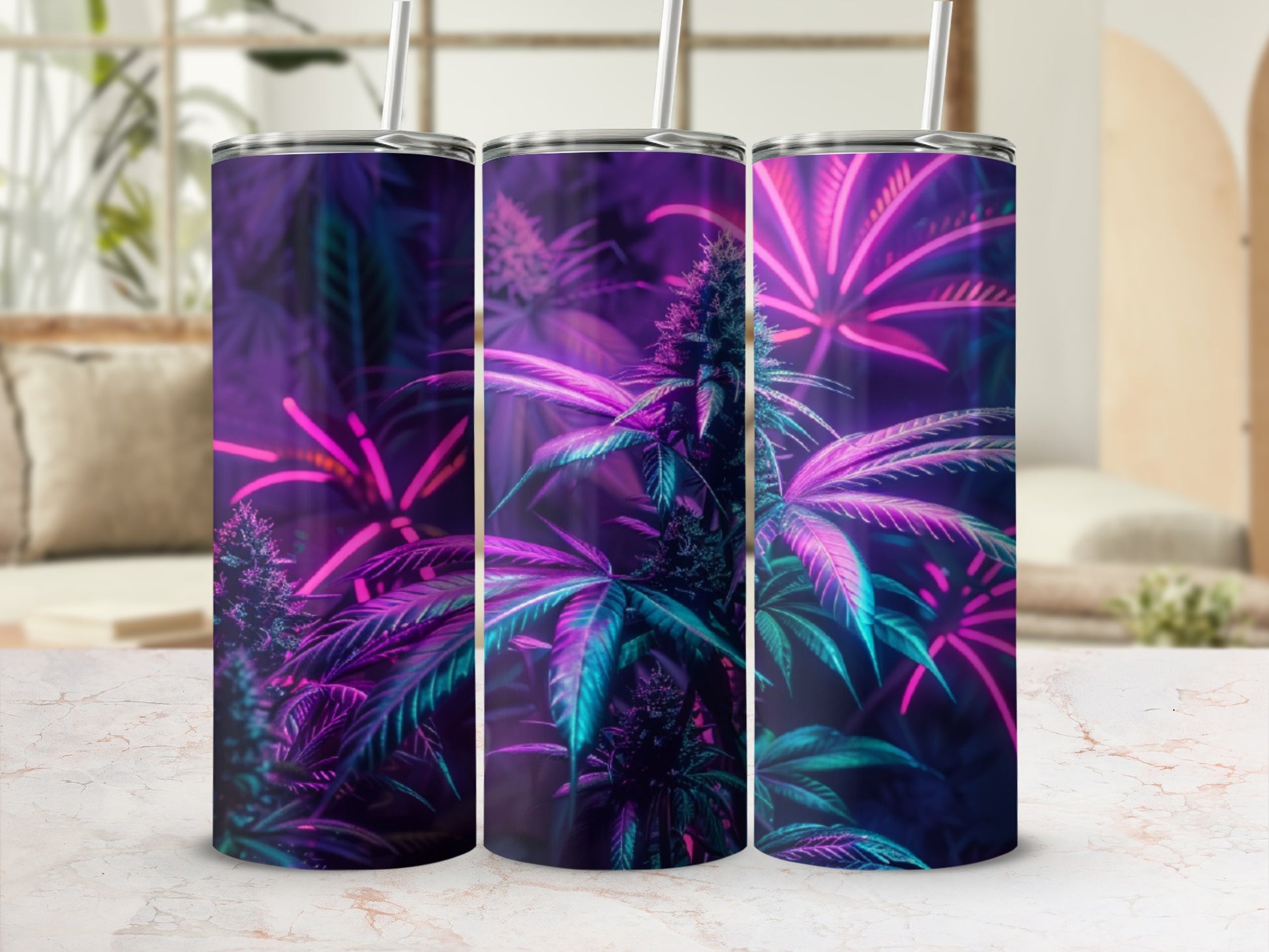 Three tumblers with cannabis leaf design in neon purple and teal.