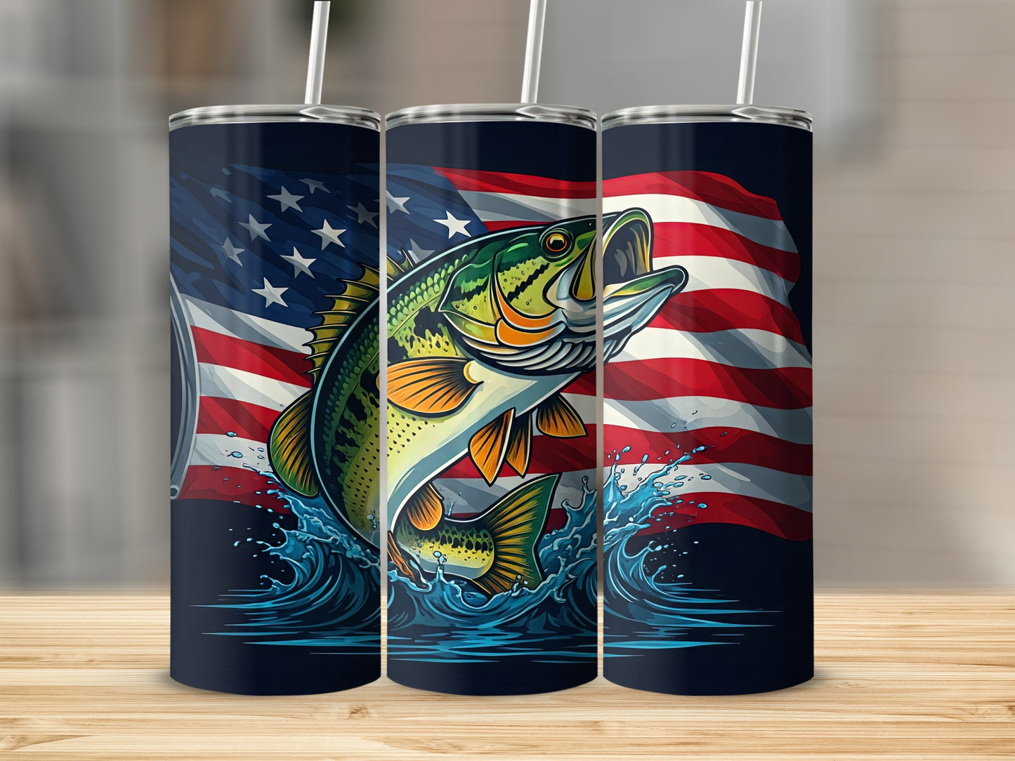 Bass jumping from water with American flag background on a tumbler.