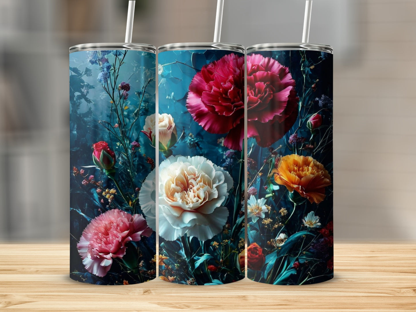 Three tumblers with vibrant floral designs featuring carnations and other flowers.