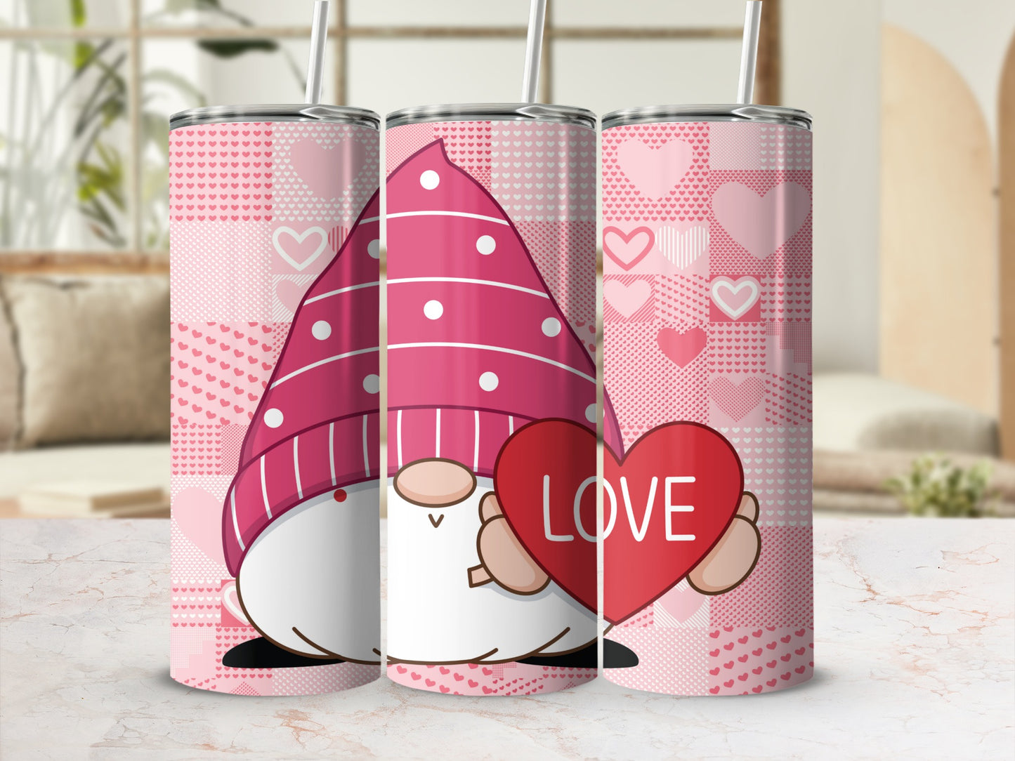 Adorable Pink Gnome with Love Heart Design flask