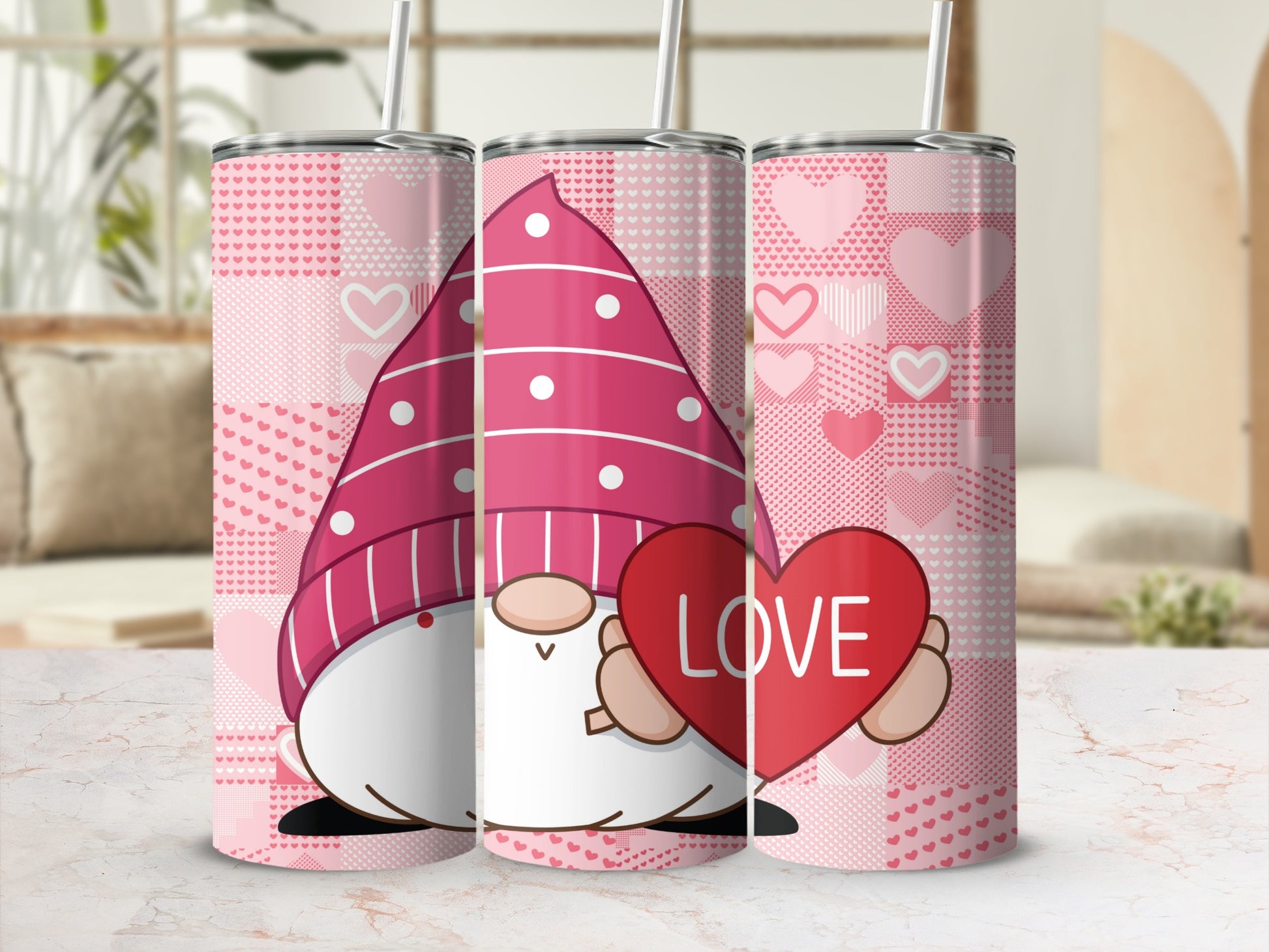 Adorable Pink Gnome with Love Heart Design flask