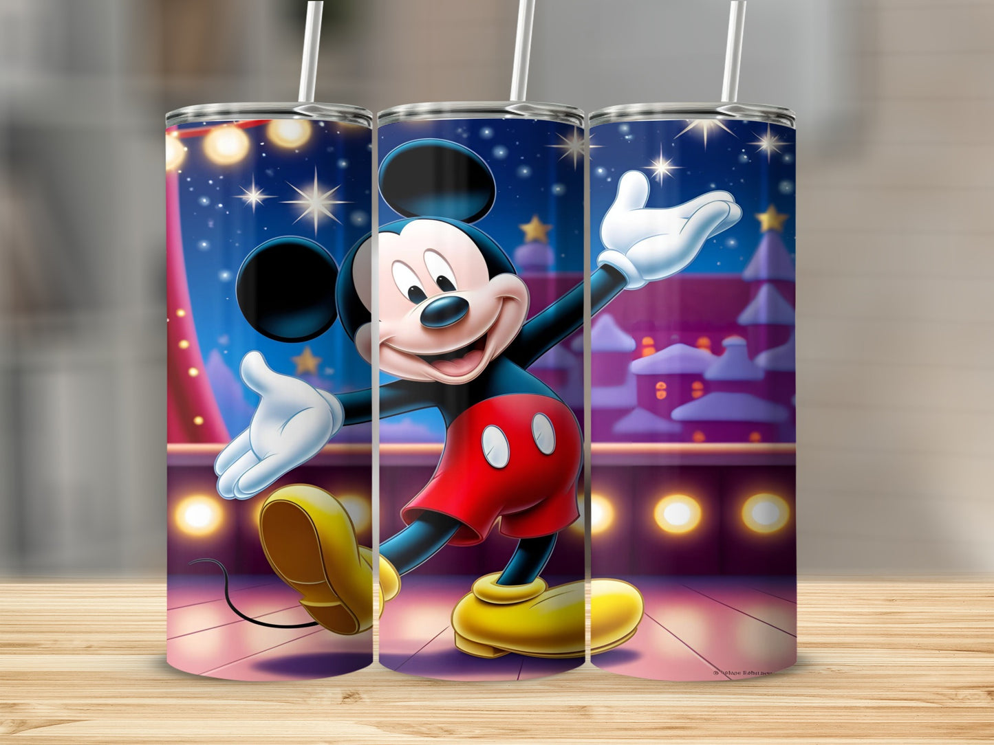 Mickey Mouse on stage, performing for an audience, with lights and buildings in the background.