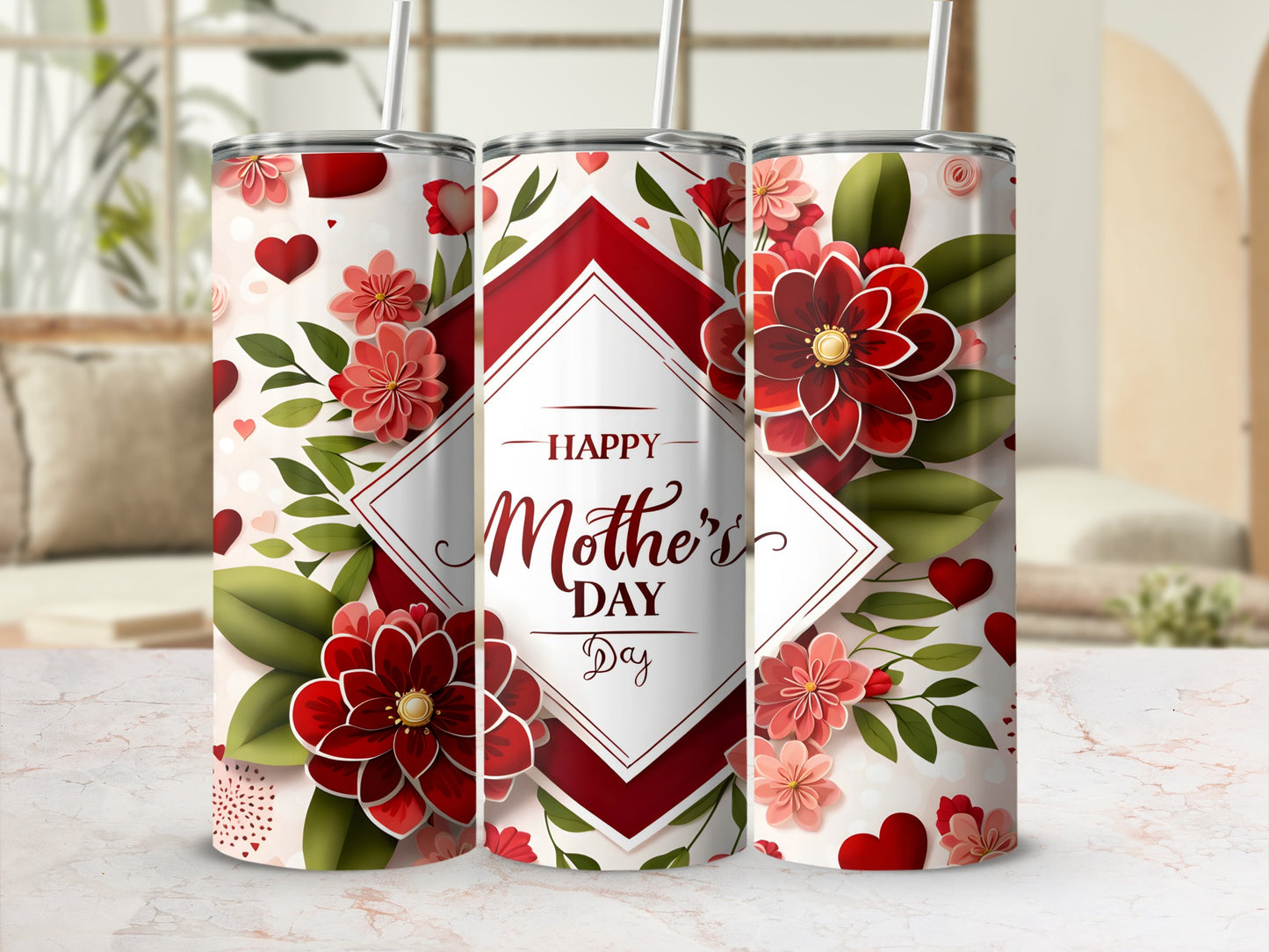 Happy Mother's Day Floral Red and Green Tumbler