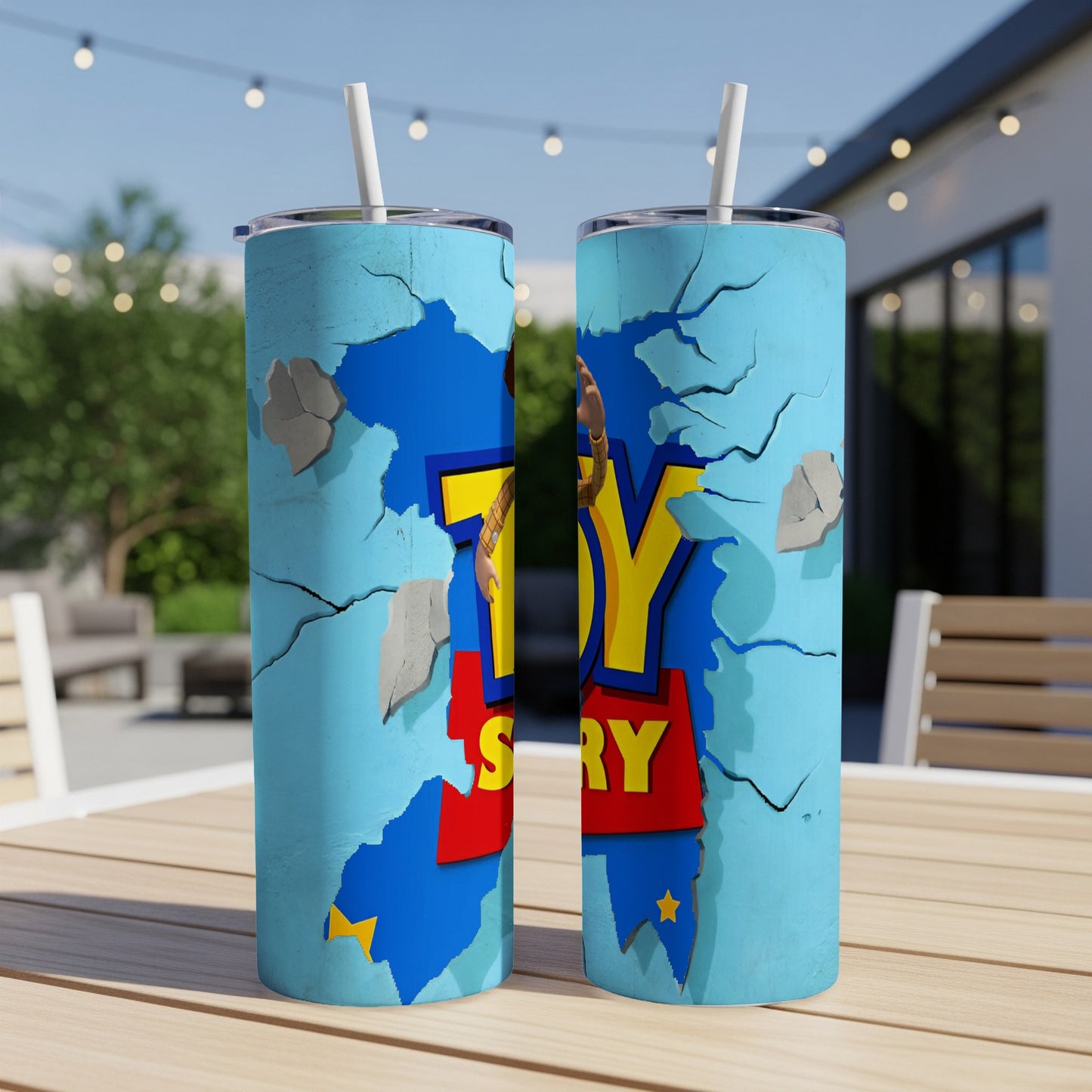 Toy Story characters bursting through a cracked blue wall on two tumblers.