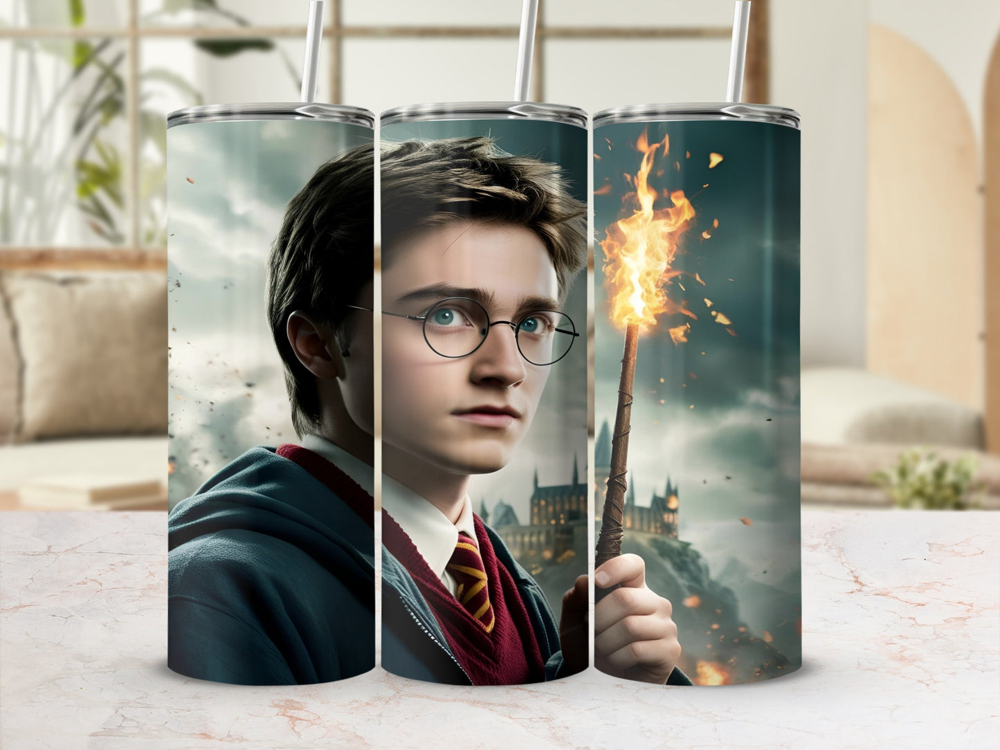 Harry Potter with wand and Hogwarts castle in background.