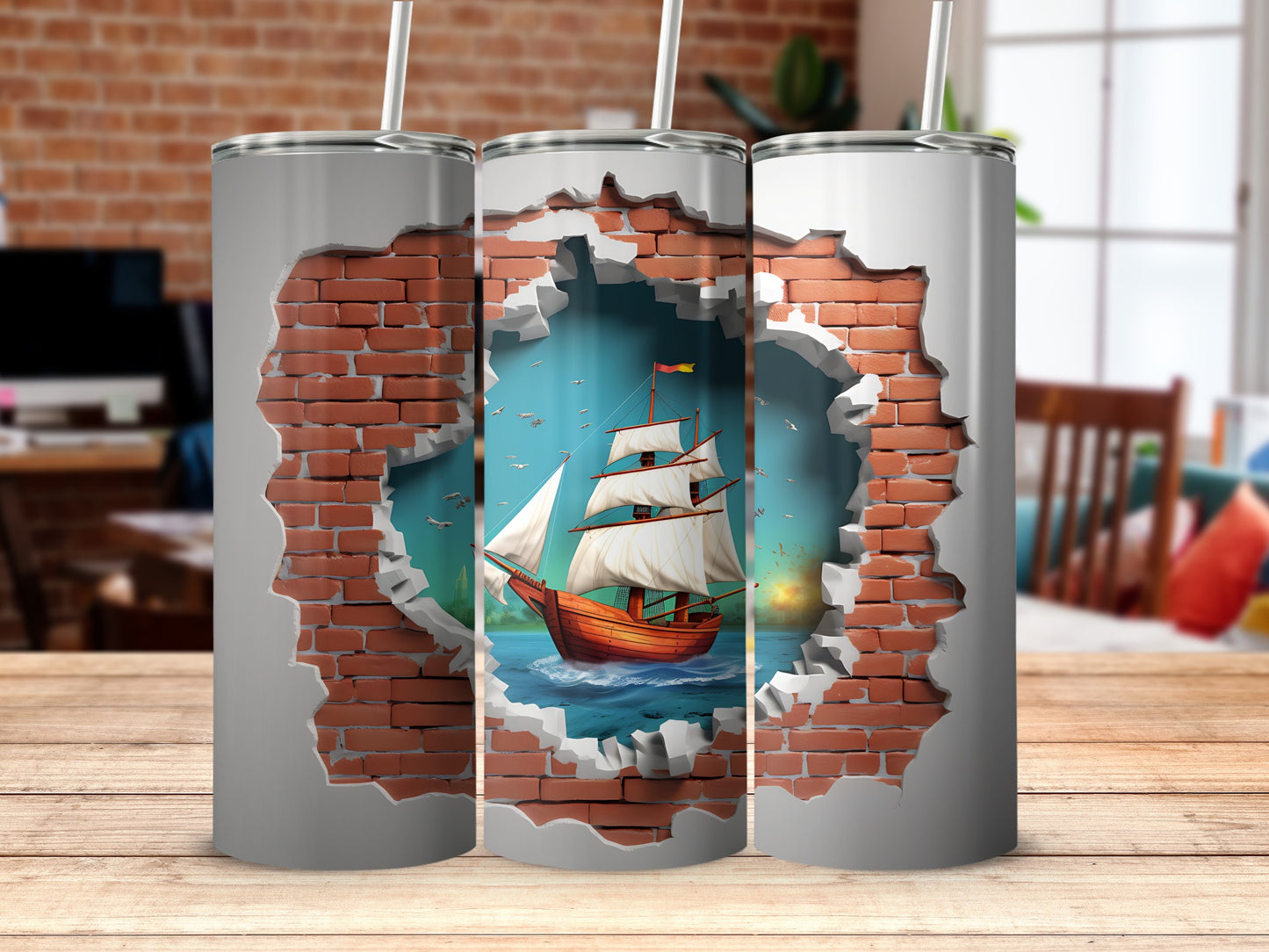 Creative 3D Brick Wall With Ship Design Tumbler
