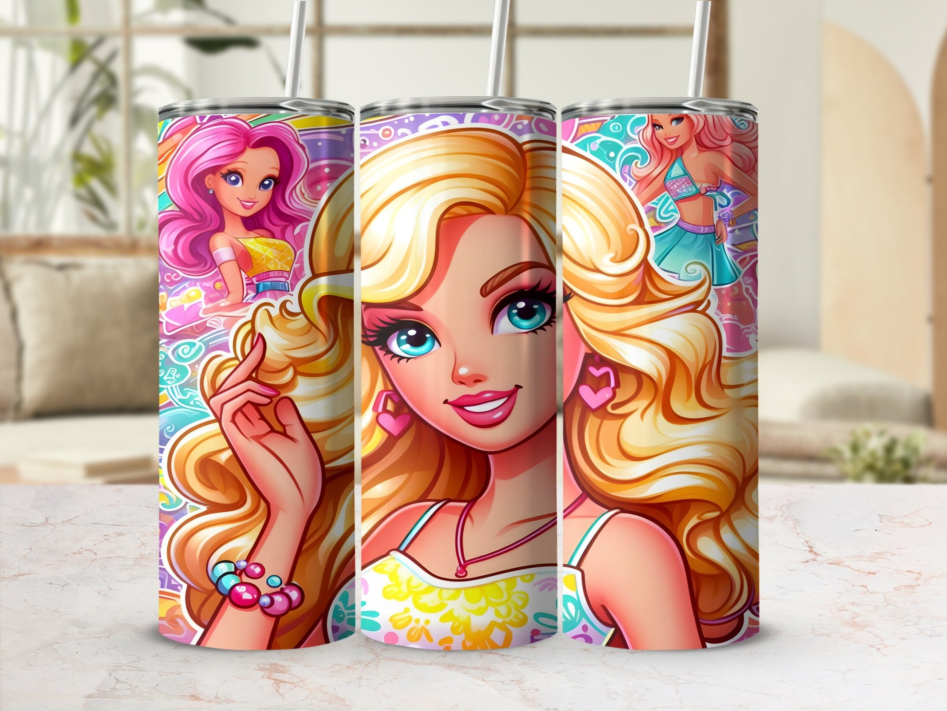 Barbie illustration with pink and blonde hair, wearing bright outfits, on a tumbler.