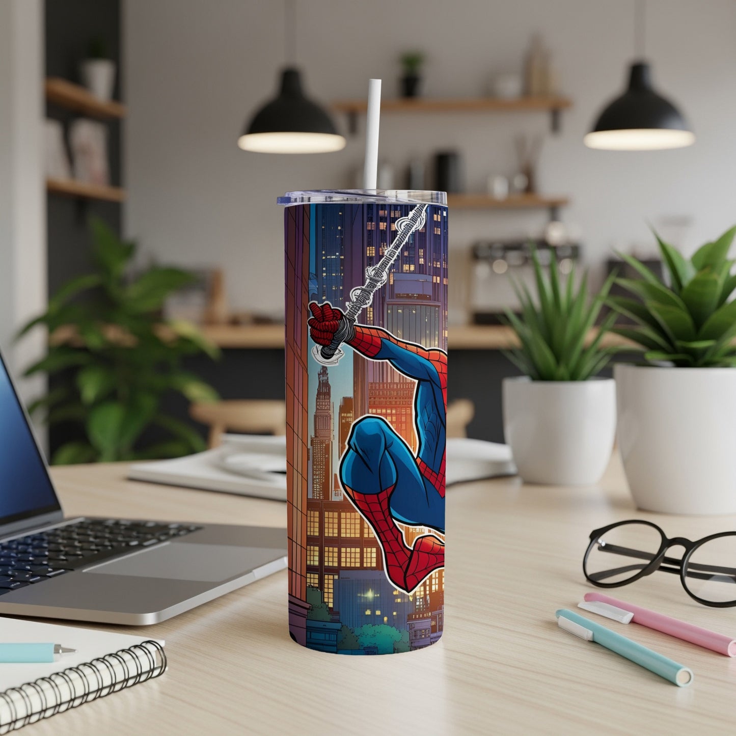 Spider-Man swings across a city skyline on a tall tumbler with a straw.