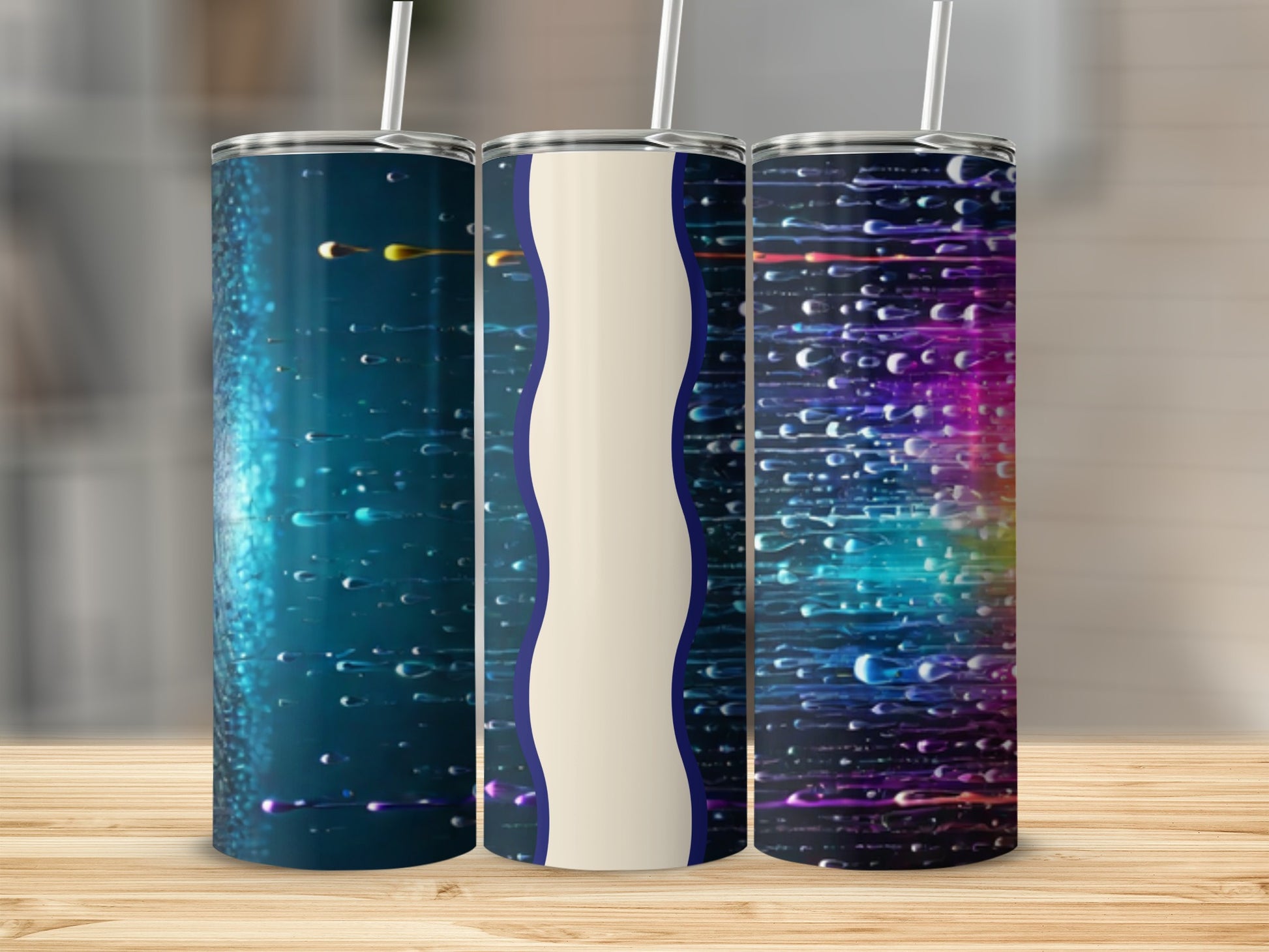 Three tumblers with abstract, colorful, glowing liquid designs.
